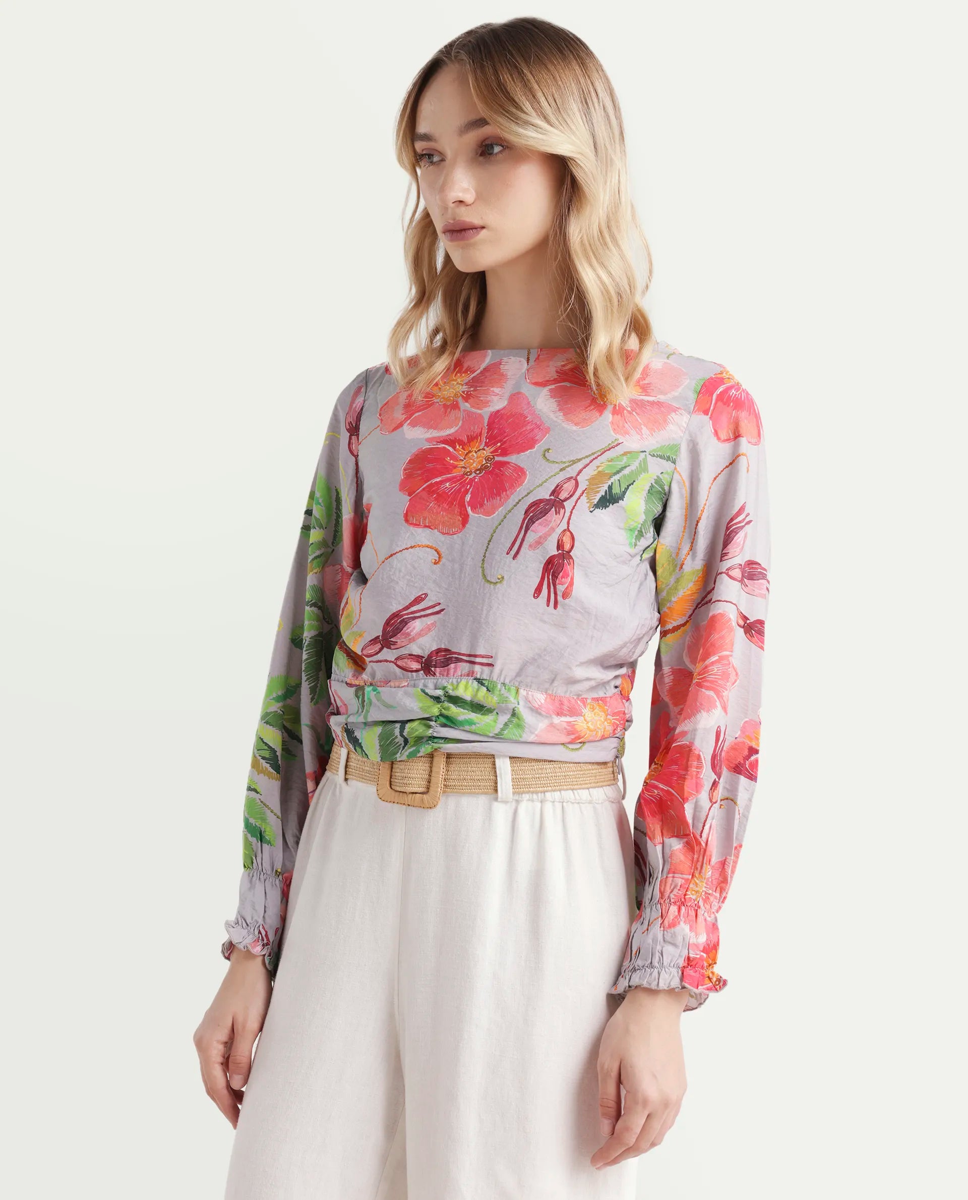 Rareism Women's Geona Multi Nylon Blend Crew Neck Floral Print Crop Regular Fit Top