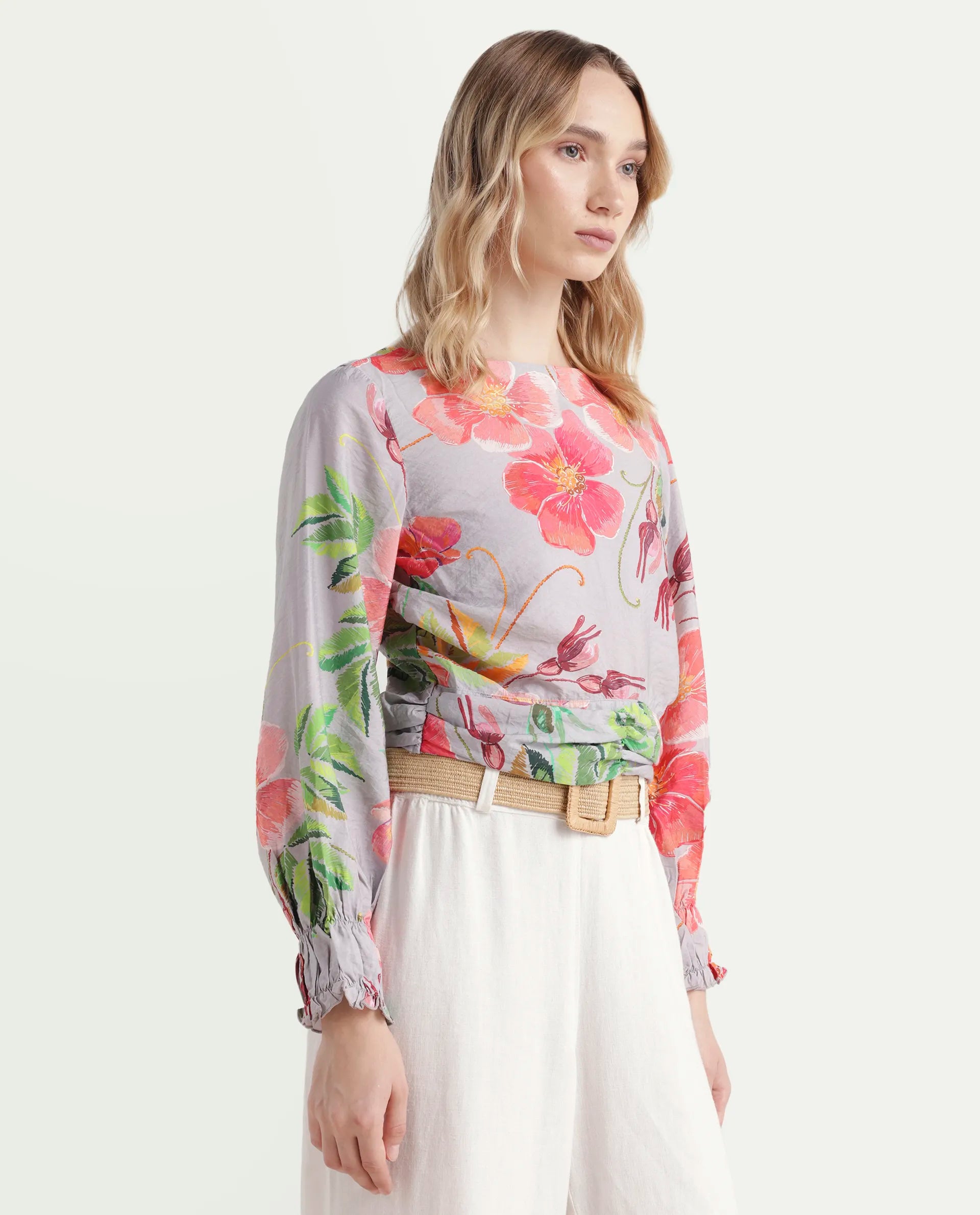 Rareism Women's Geona Multi Nylon Blend Crew Neck Floral Print Crop Regular Fit Top