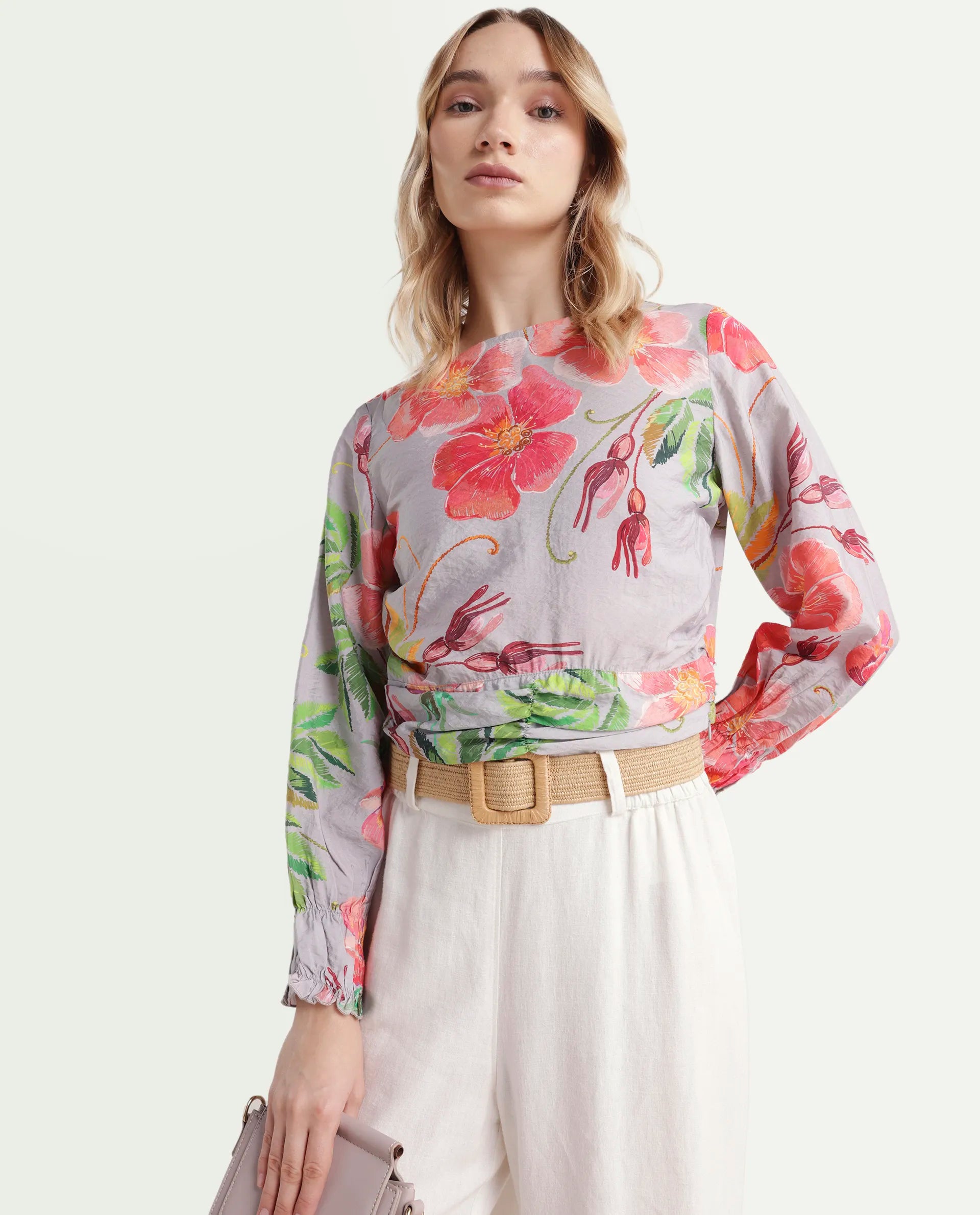 Rareism Women's Geona Multi Nylon Blend Crew Neck Floral Print Crop Regular Fit Top