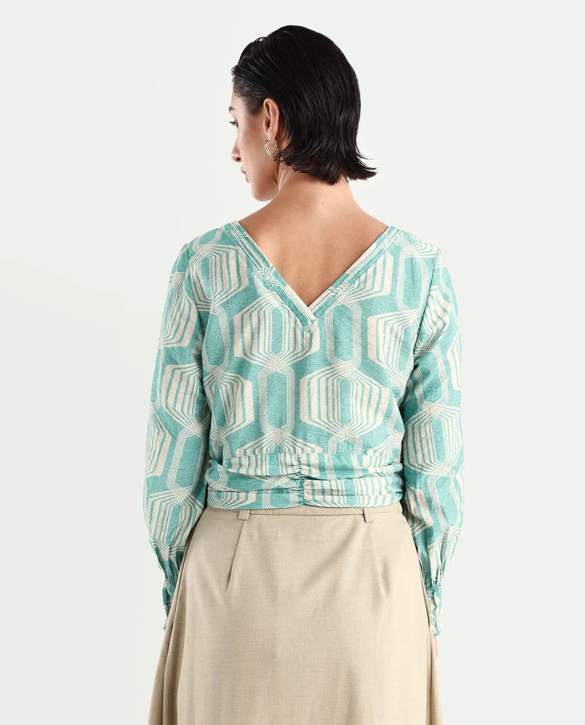 Rareism Women's Geonao Green Nylon Blend Crew Neck Geometric Print Bishop Sleeve Crop Regular Fit Top