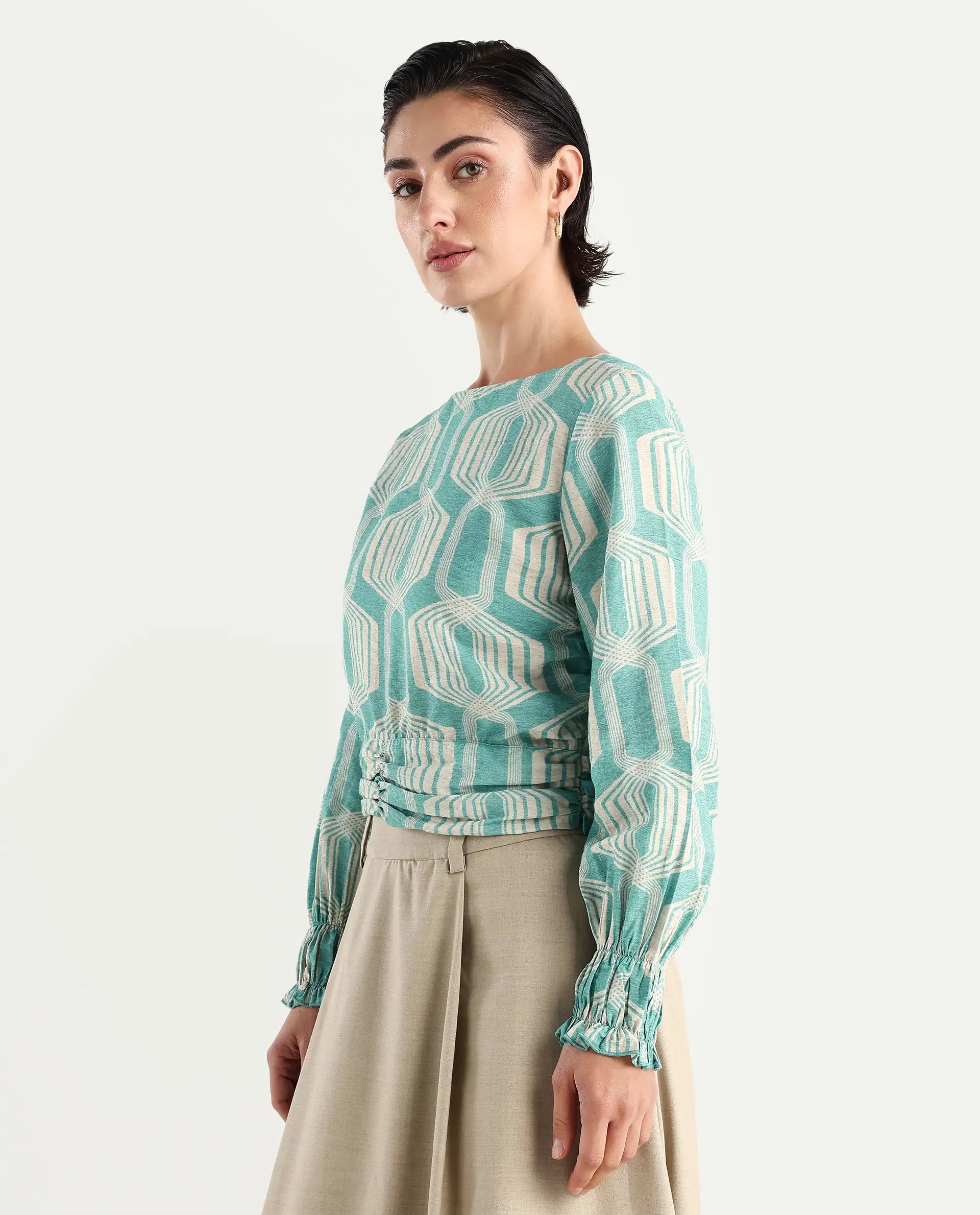 Rareism Women's Geonao Green Nylon Blend Crew Neck Geometric Print Bishop Sleeve Crop Regular Fit Top