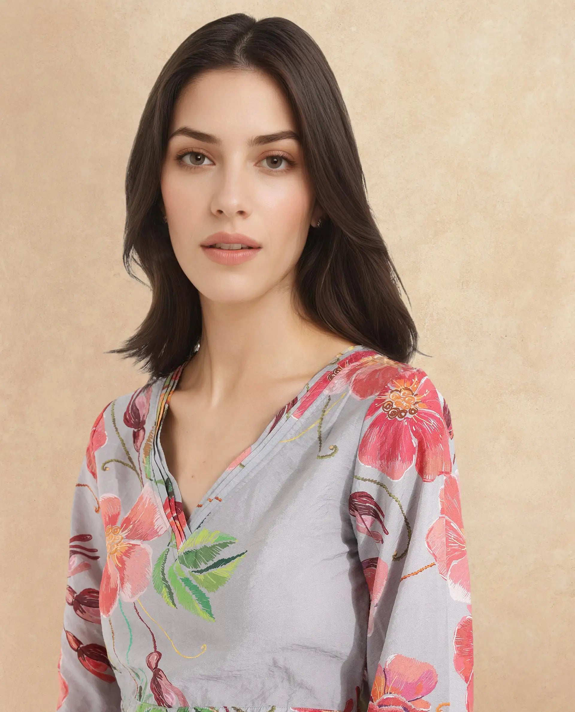 Rareism Women Geona Multi Full Sleeve Crew Neck Zipper Closure Floral Print Cropped Top