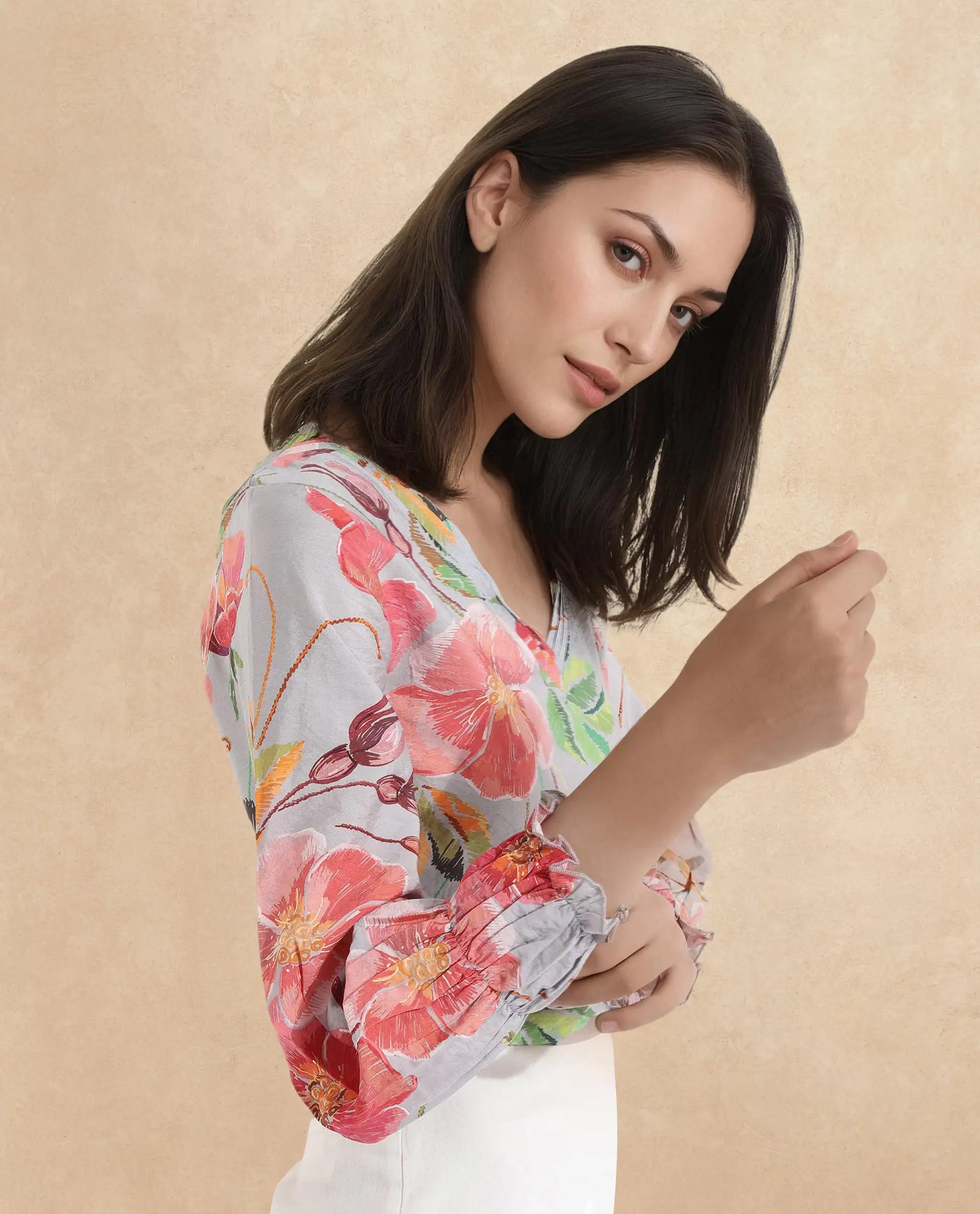 Rareism Women Geona Multi Full Sleeve Crew Neck Zipper Closure Floral Print Cropped Top