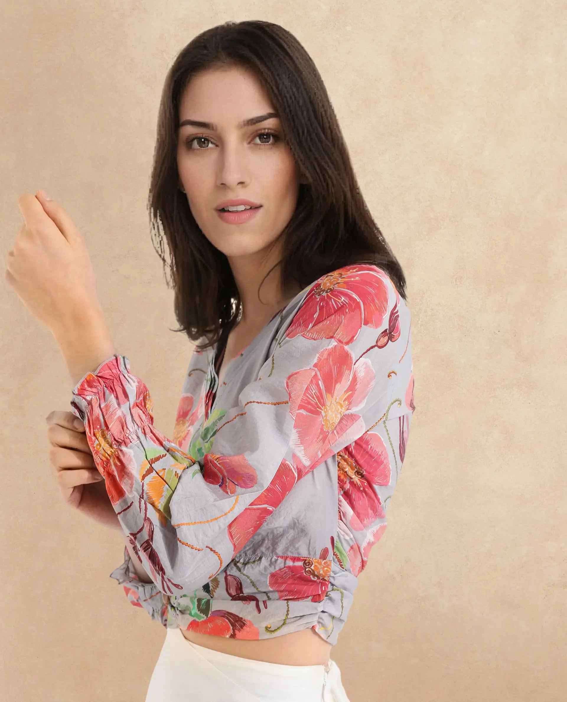 Rareism Women Geona Multi Full Sleeve Crew Neck Zipper Closure Floral Print Cropped Top