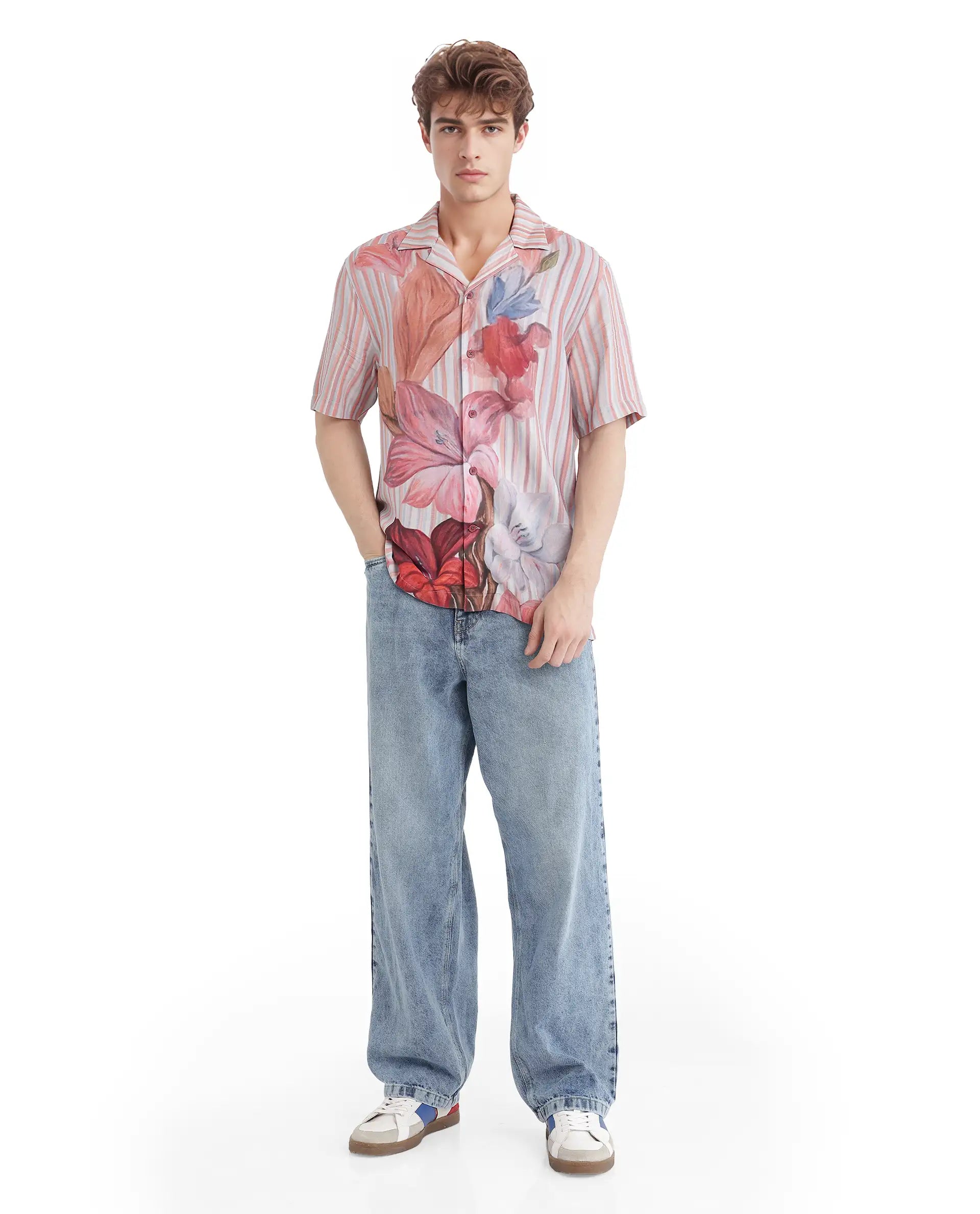 Rare Rabbit Men Gero Dusky Pink Viscose Fabric Half Sleeve Collared Neck Button Closure Regular Fit Printed Shirt