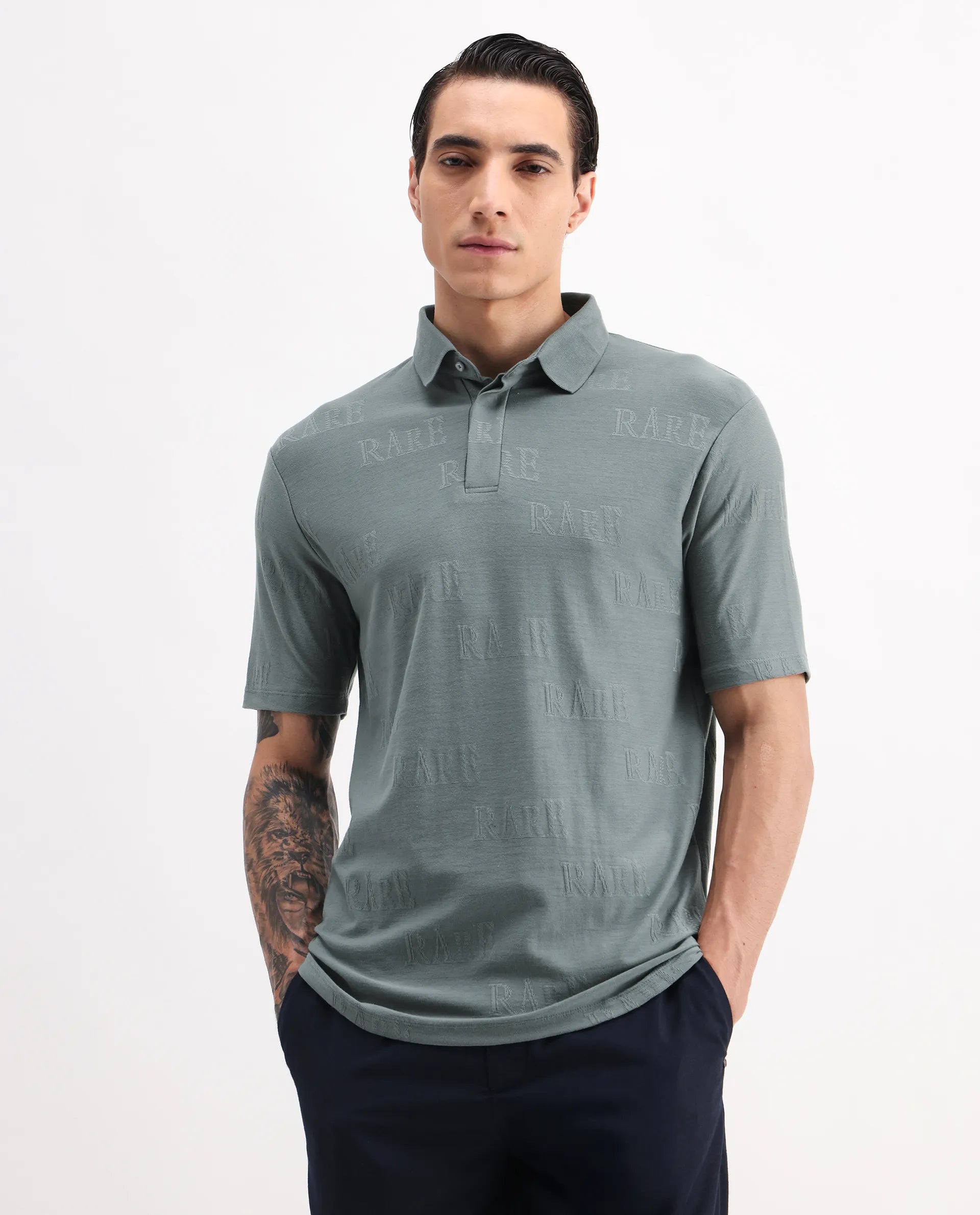 Rare Rabbit Men's Gesset 2 Green Cotton Blend Jacquard Regular Fit Half Sleeve Polo
