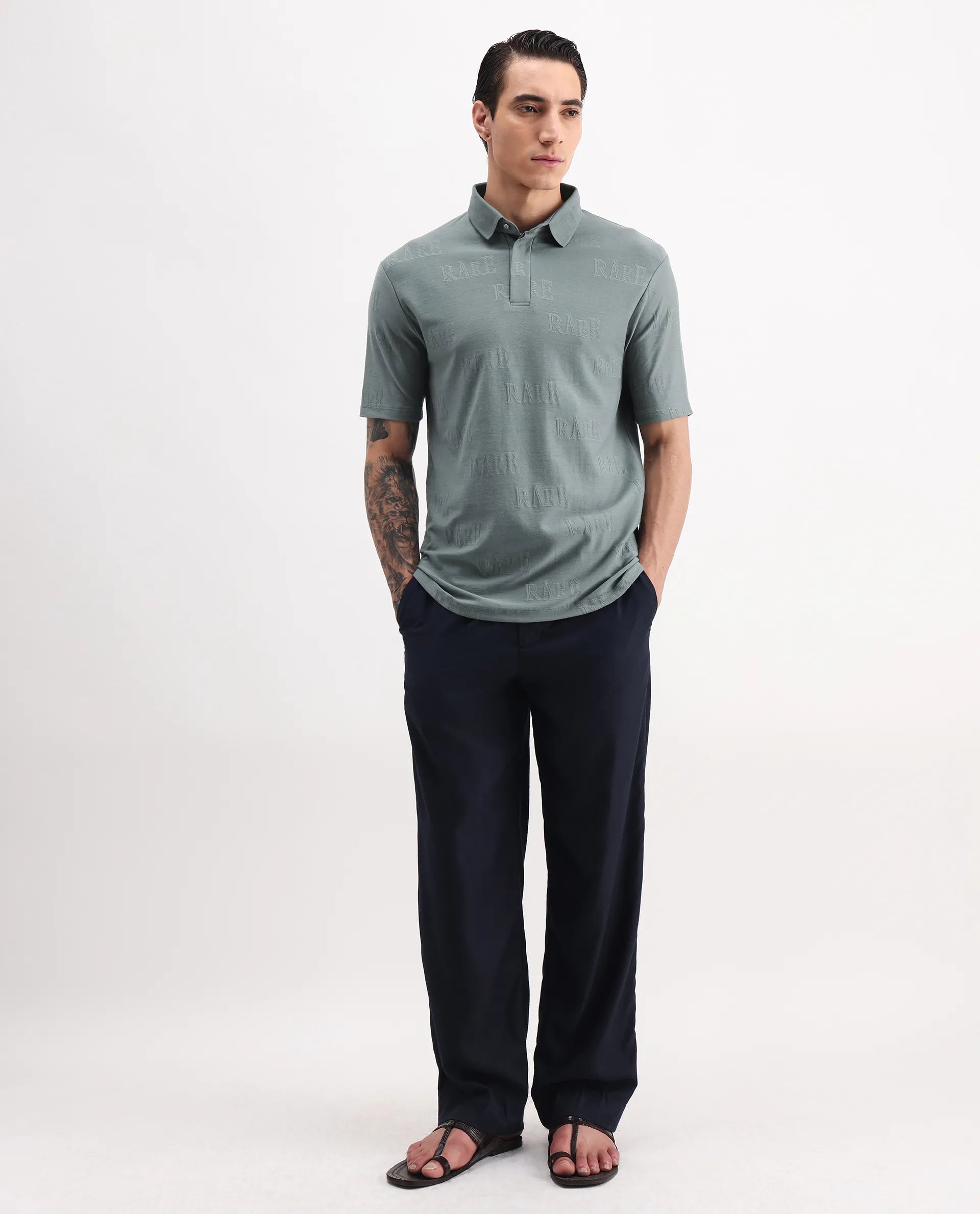 Rare Rabbit Men's Gesset 2 Green Cotton Blend Jacquard Regular Fit Half Sleeve Polo