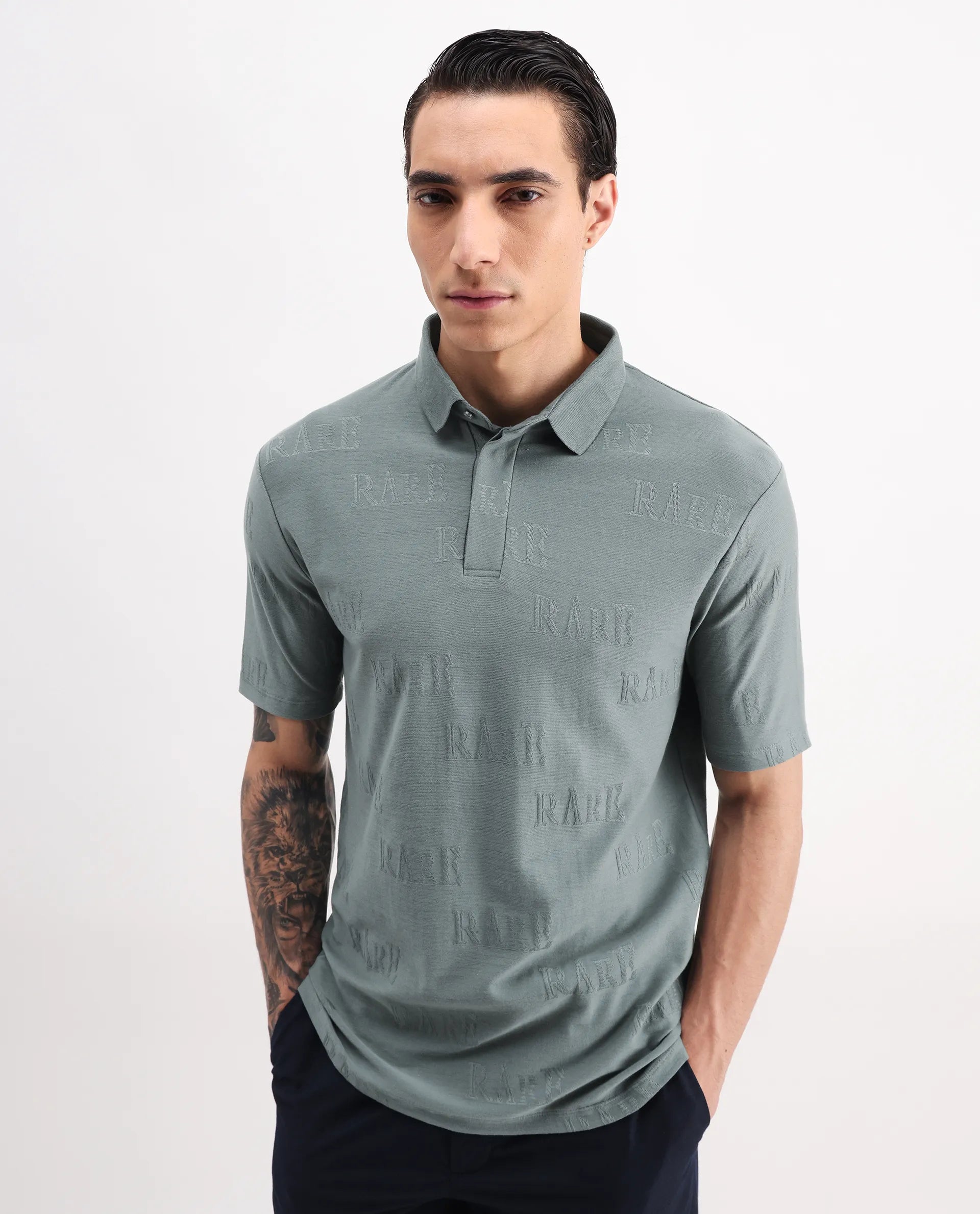 Rare Rabbit Men's Gesset 2 Green Cotton Blend Jacquard Regular Fit Half Sleeve Polo