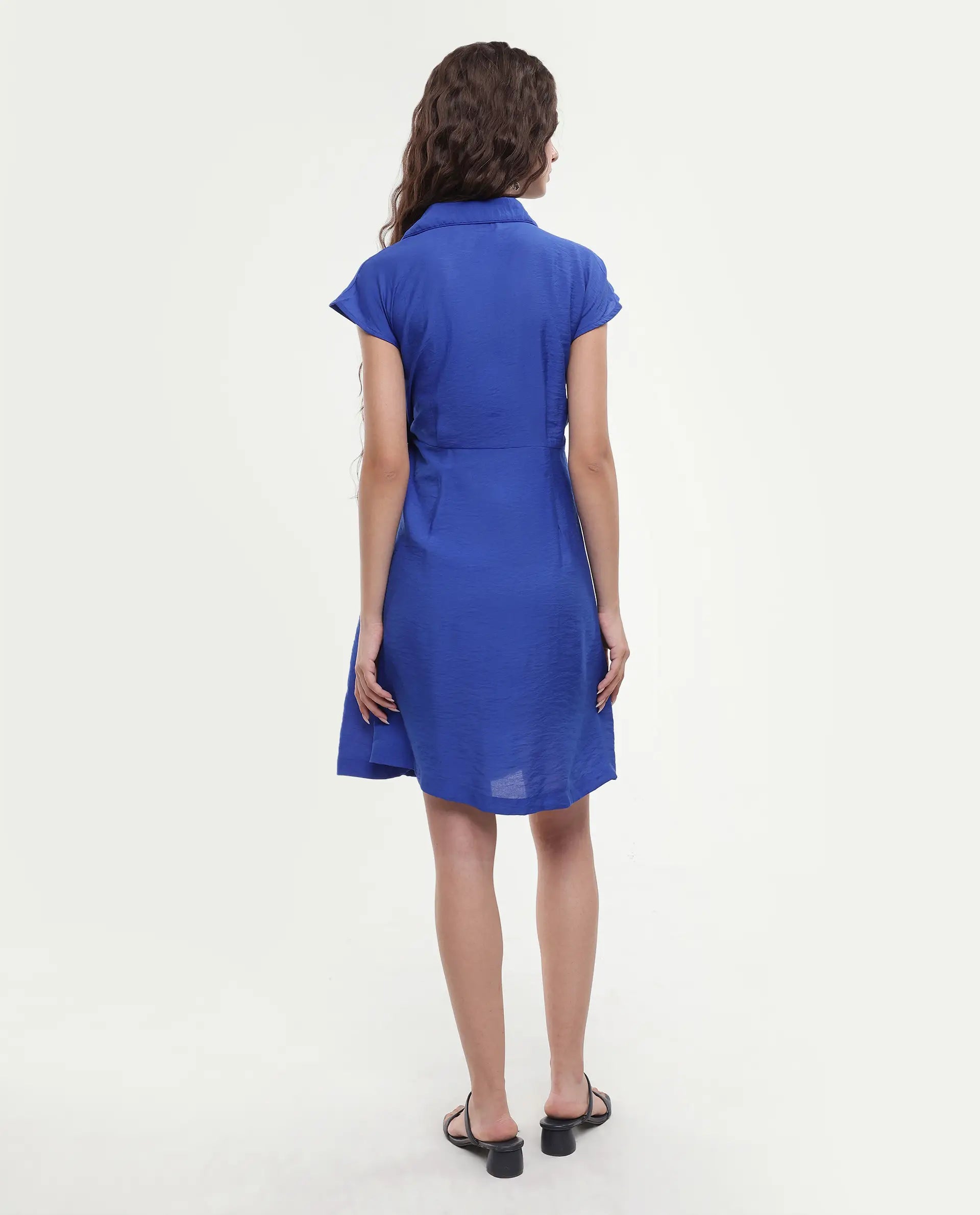Rareism Women's Gesto Blue Viscose Blend Drop Collar Plain Extended Sleeves Mini Regular Fit Dress