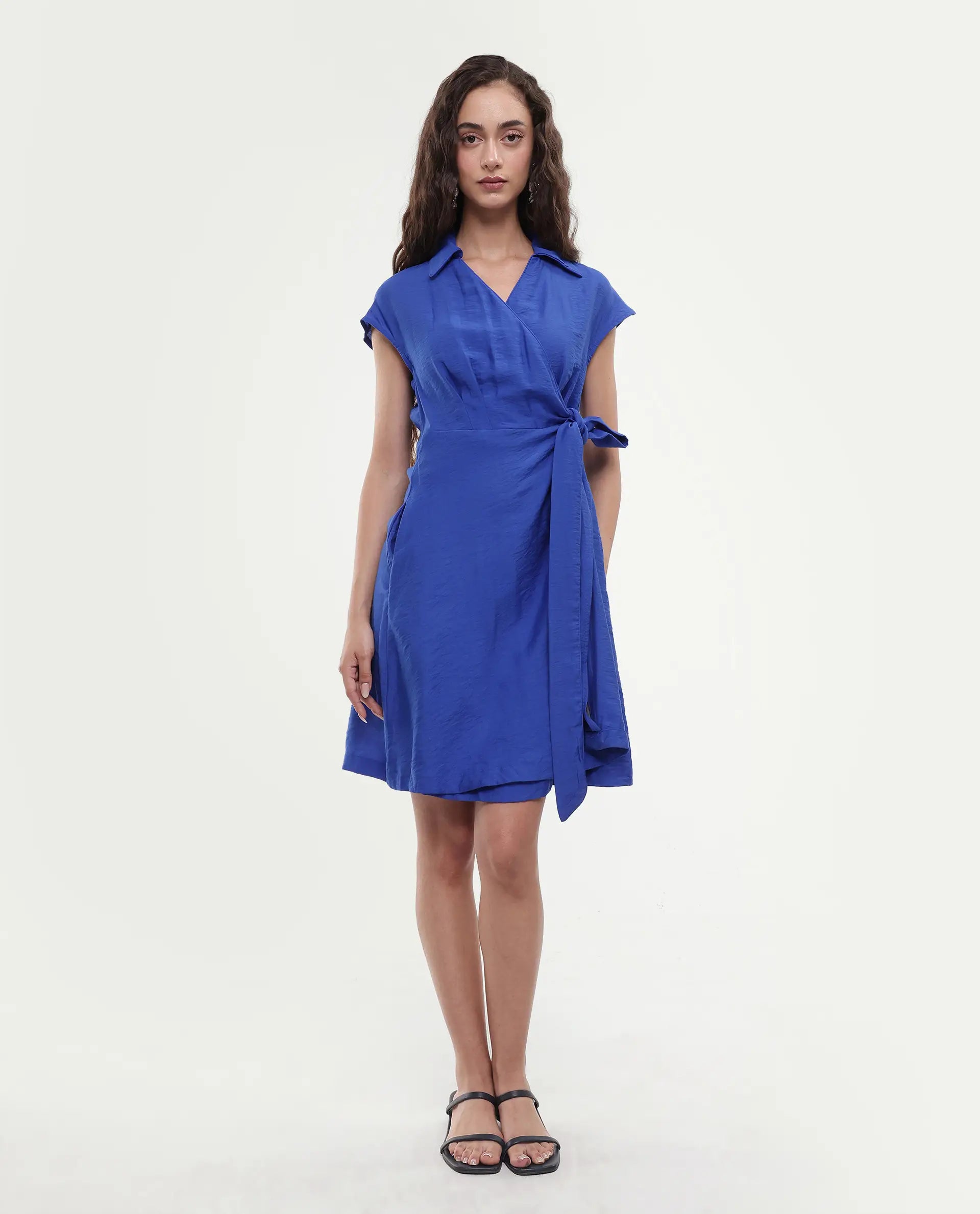Rareism Women's Gesto Blue Viscose Blend Drop Collar Plain Extended Sleeves Mini Regular Fit Dress
