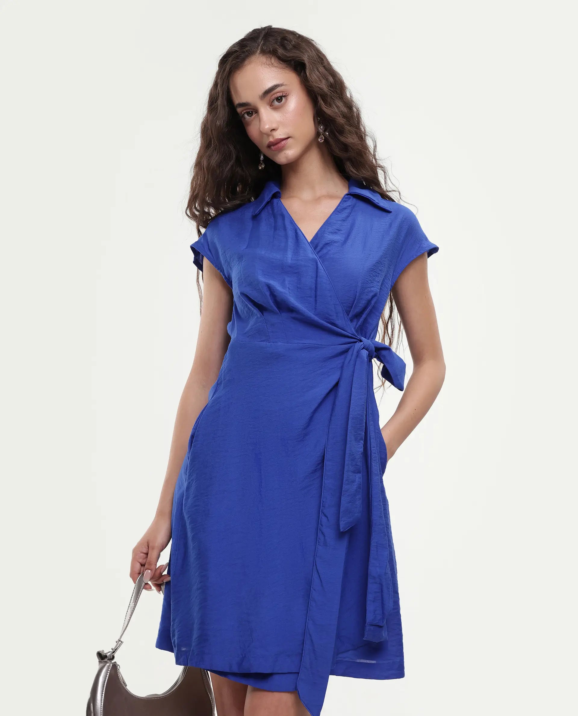 Rareism Women's Gesto Blue Viscose Blend Drop Collar Plain Extended Sleeves Mini Regular Fit Dress
