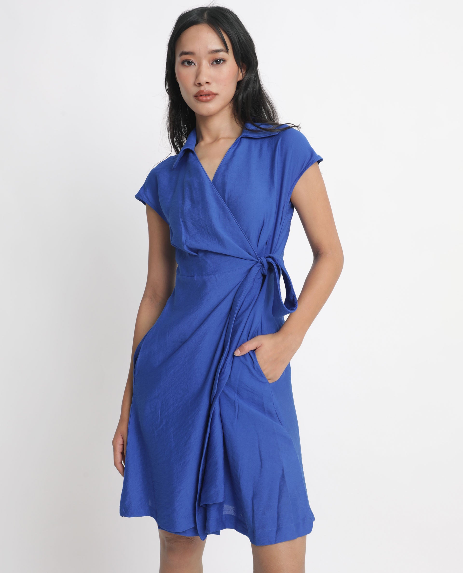 Rareism Women Gesto Blue Viscose Nylon Fabric Short Sleeves Tie-Up Closure Drop Collar Extended Sleeve Regular Fit Plain Short Dress