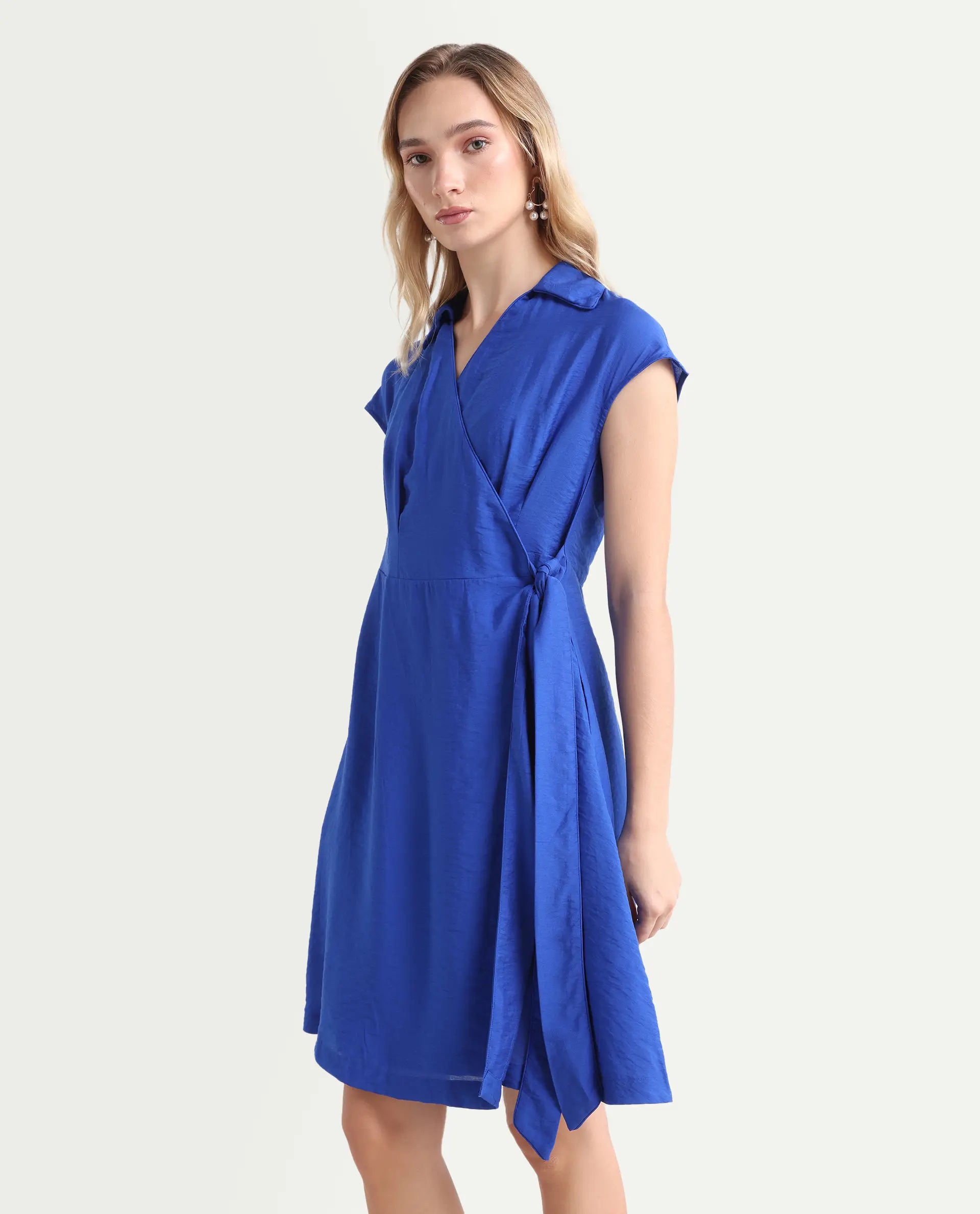Rareism Women's Gesto Blue Viscose Blend Drop Collar Plain Extended Sleeves Mini Regular Fit Dress