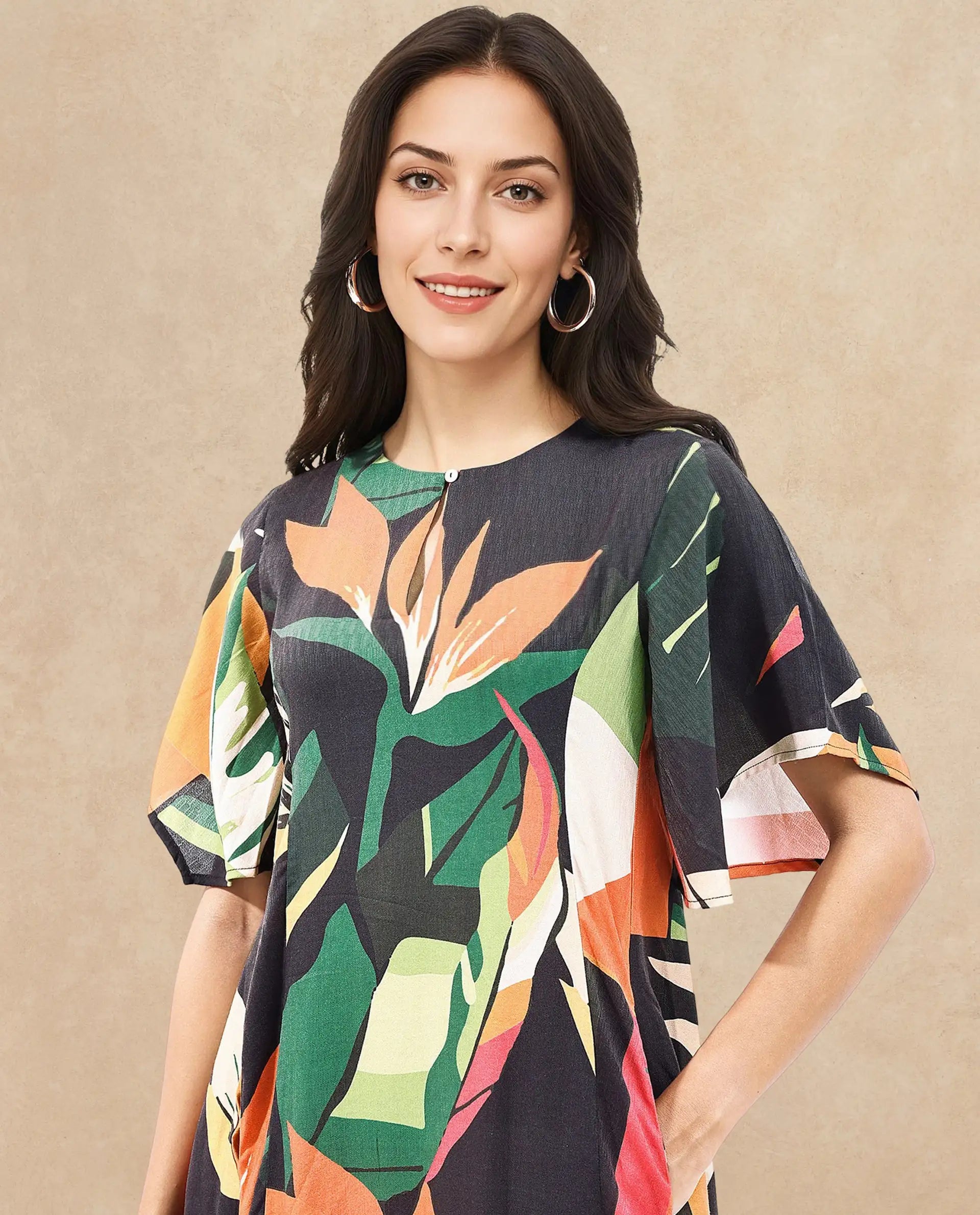 Rareism Women Gesto Multi 3/4Th Sleeve V-Neck Balloon Fit Abstract Print Midi Dress