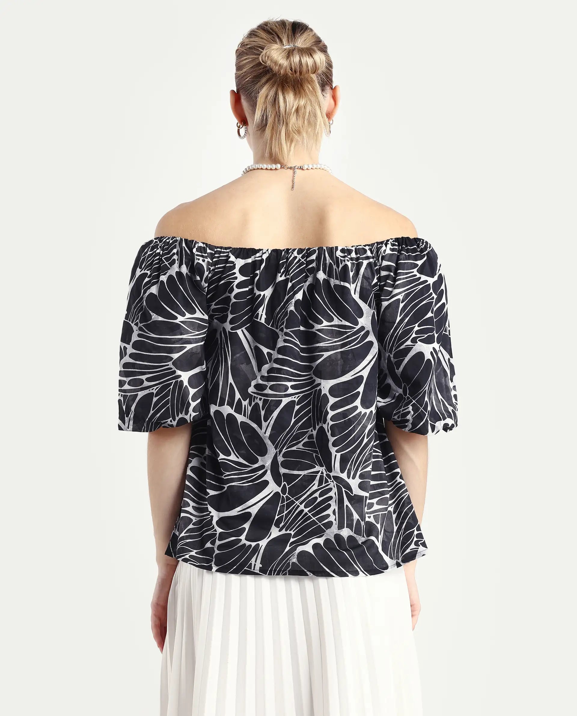 Rareism Women's Getan Black Viscose Blend Square Neck Abstract Print Balloon Sleeve Relaxed Fit Top