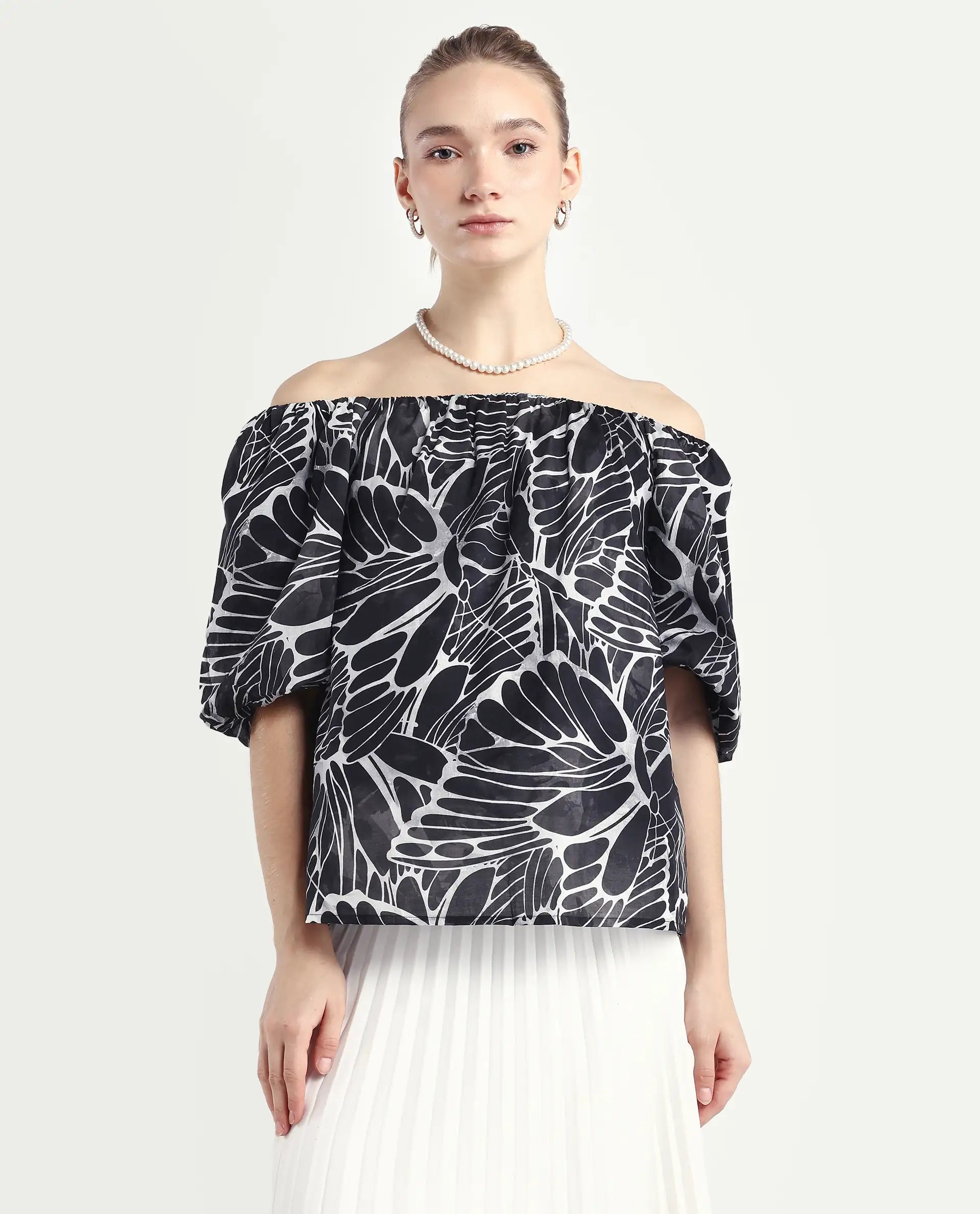 Rareism Women's Getan Black Viscose Blend Square Neck Abstract Print Balloon Sleeve Relaxed Fit Top