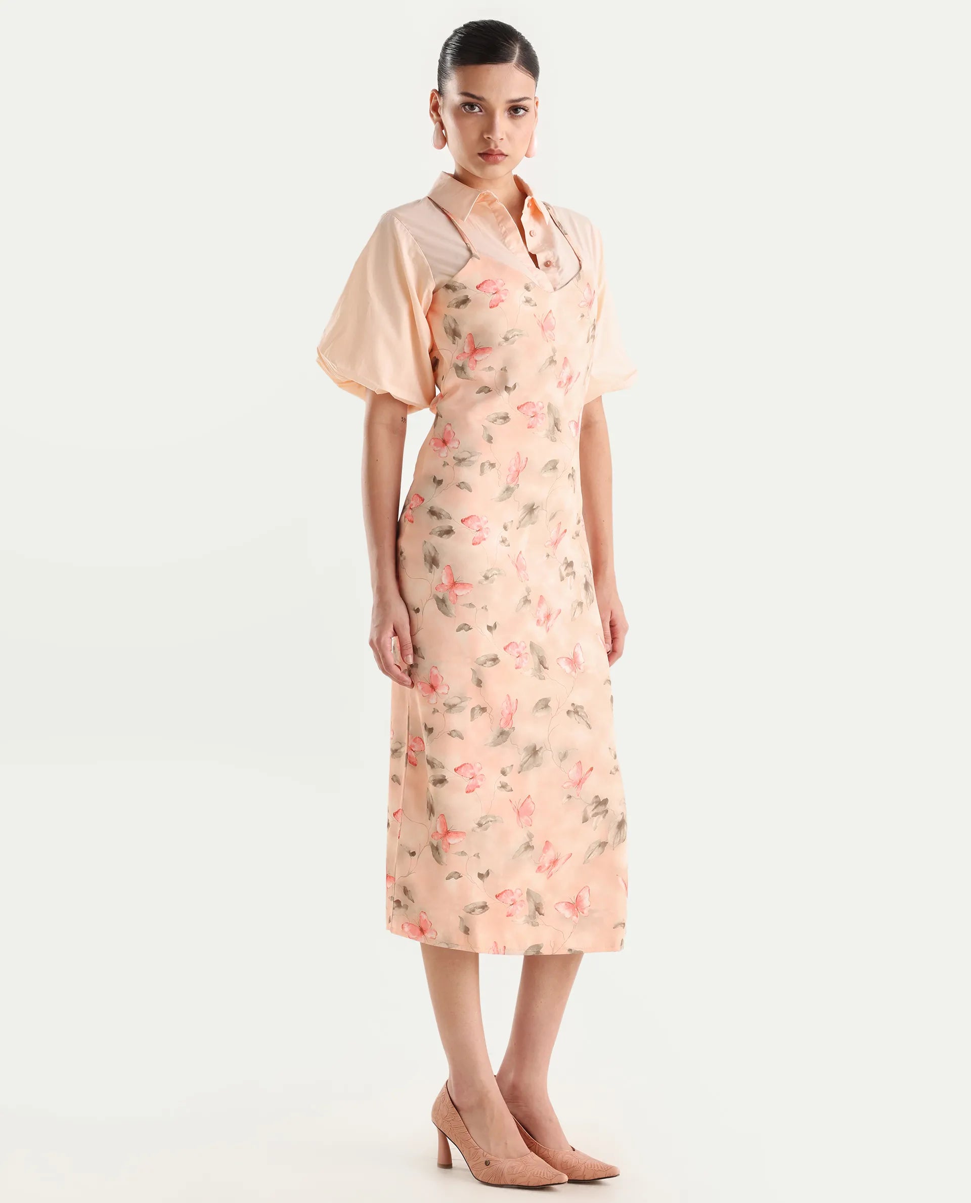 Rareism Women's Gha Beige Cotton Spread Collar Object Print Cuffed Sleeve Midi Straight Fit Dress