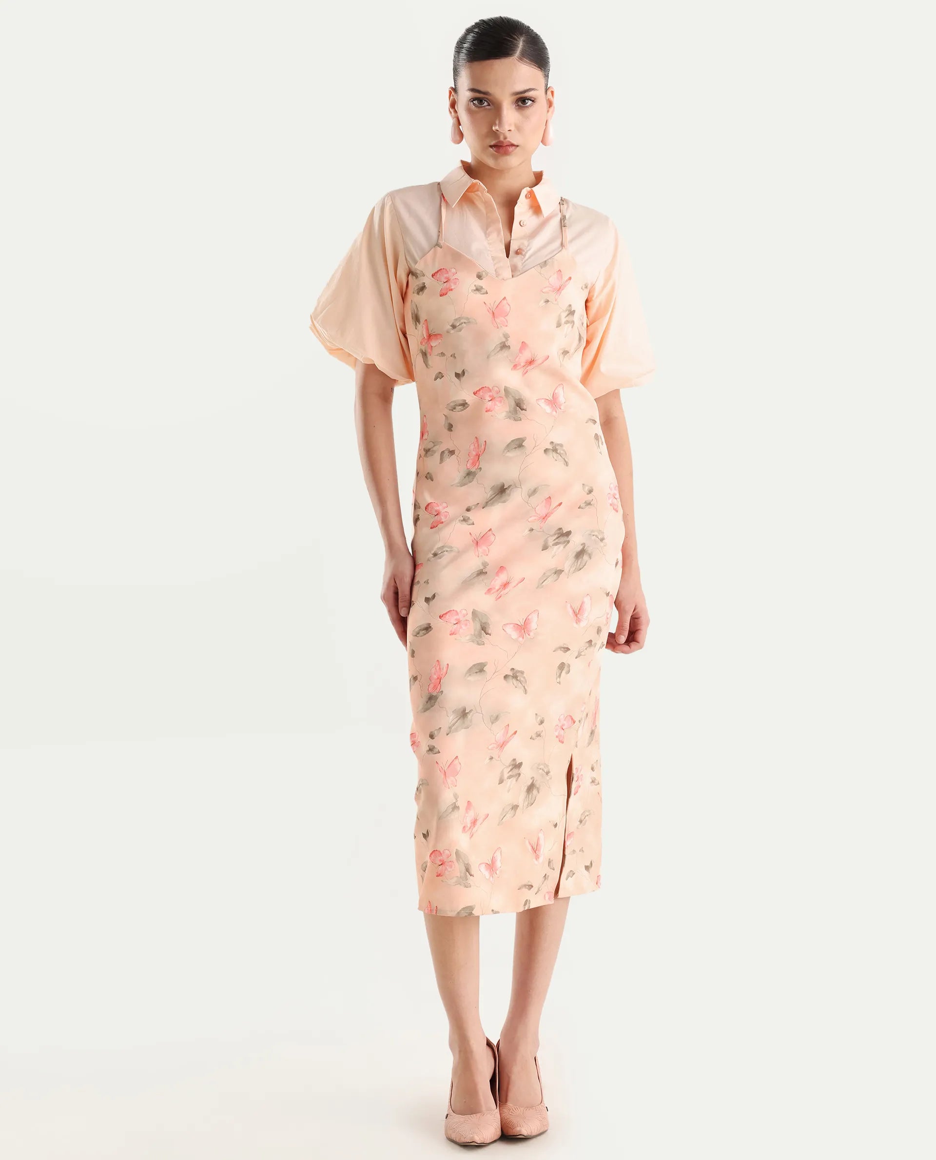 Rareism Women's Gha Beige Cotton Spread Collar Object Print Cuffed Sleeve Midi Straight Fit Dress