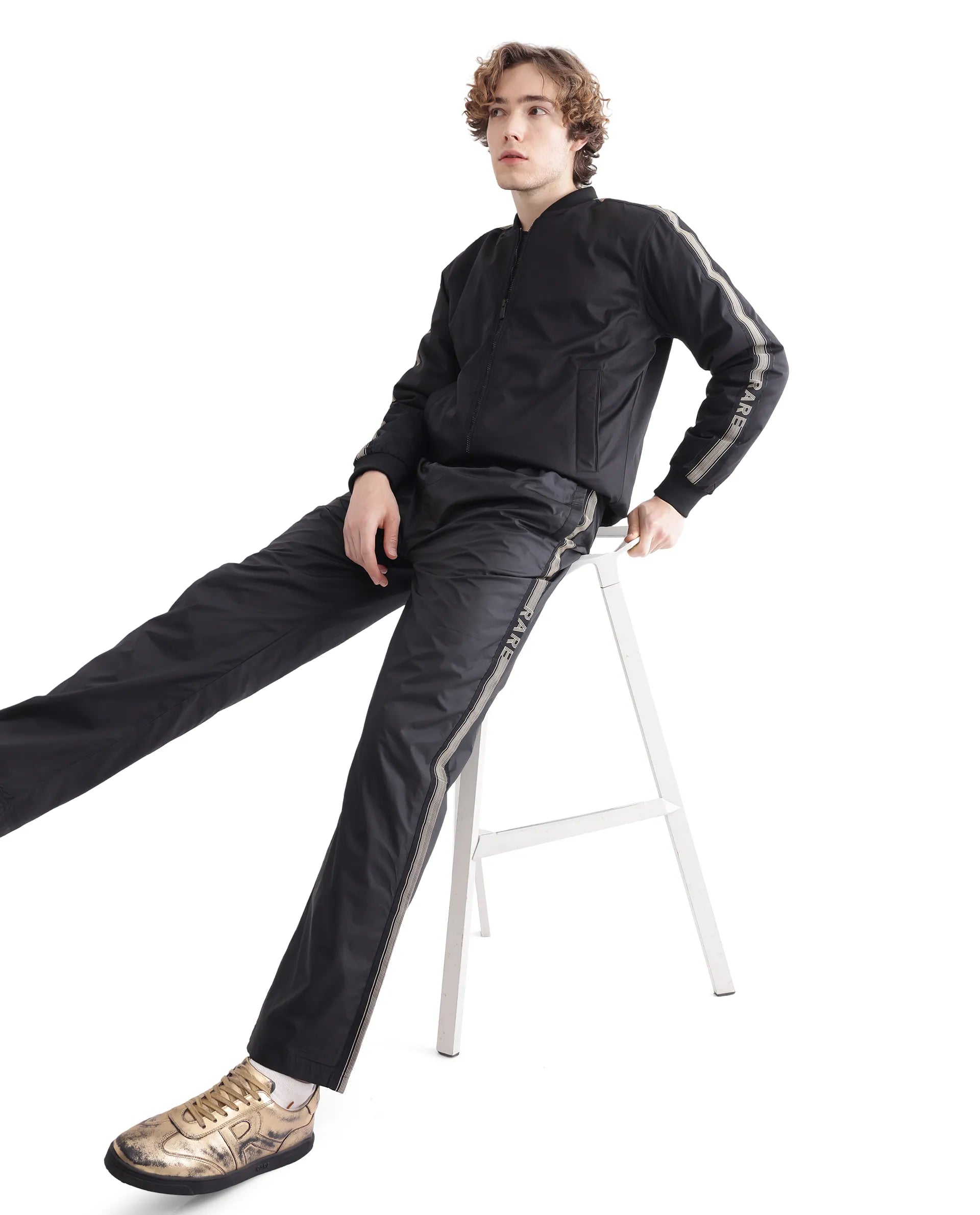 Rare Rabbit Men Ghana-B Black Polyester Fabric Elasticated Waistband Tape Detail Track Pant