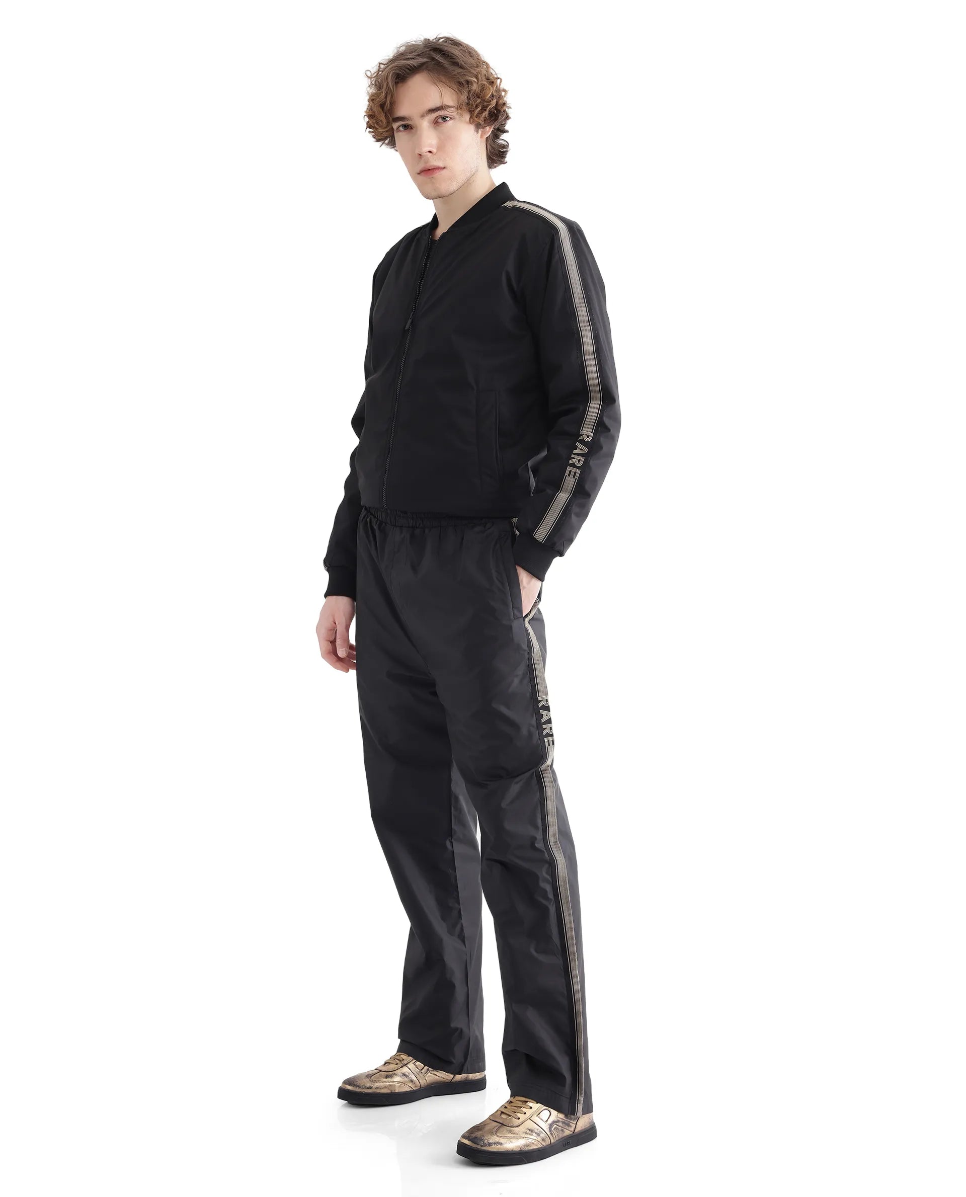 Rare Rabbit Men Ghana-B Black Polyester Fabric Elasticated Waistband Tape Detail Track Pant