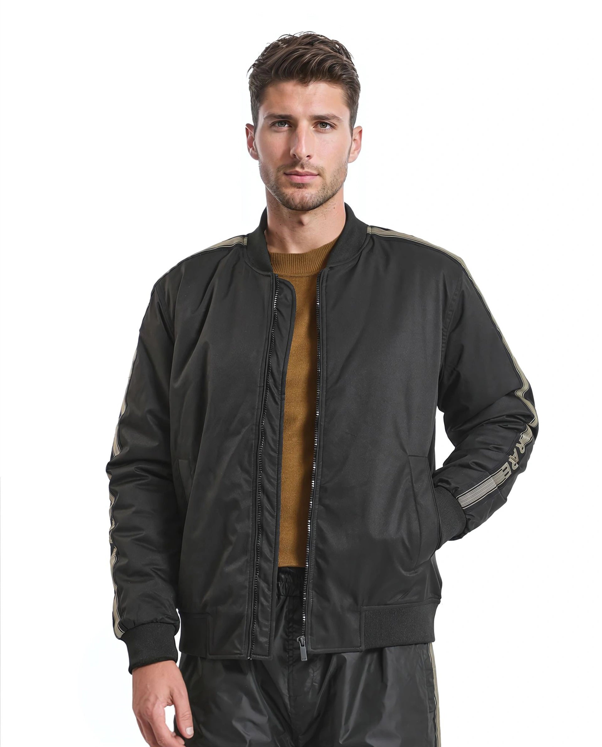 Rare Rabbit Men Ghana Black Polyester Fabric Full Sleeve Ribbed Collar and Cuff Zipper Closure Tape Detailed Plain Jacket