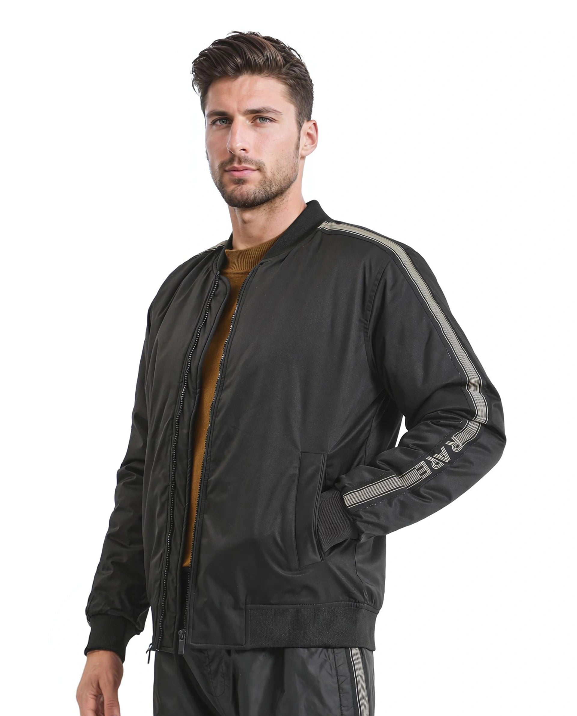 Rare Rabbit Men Ghana Black Polyester Fabric Full Sleeve Ribbed Collar and Cuff Zipper Closure Tape Detailed Plain Jacket