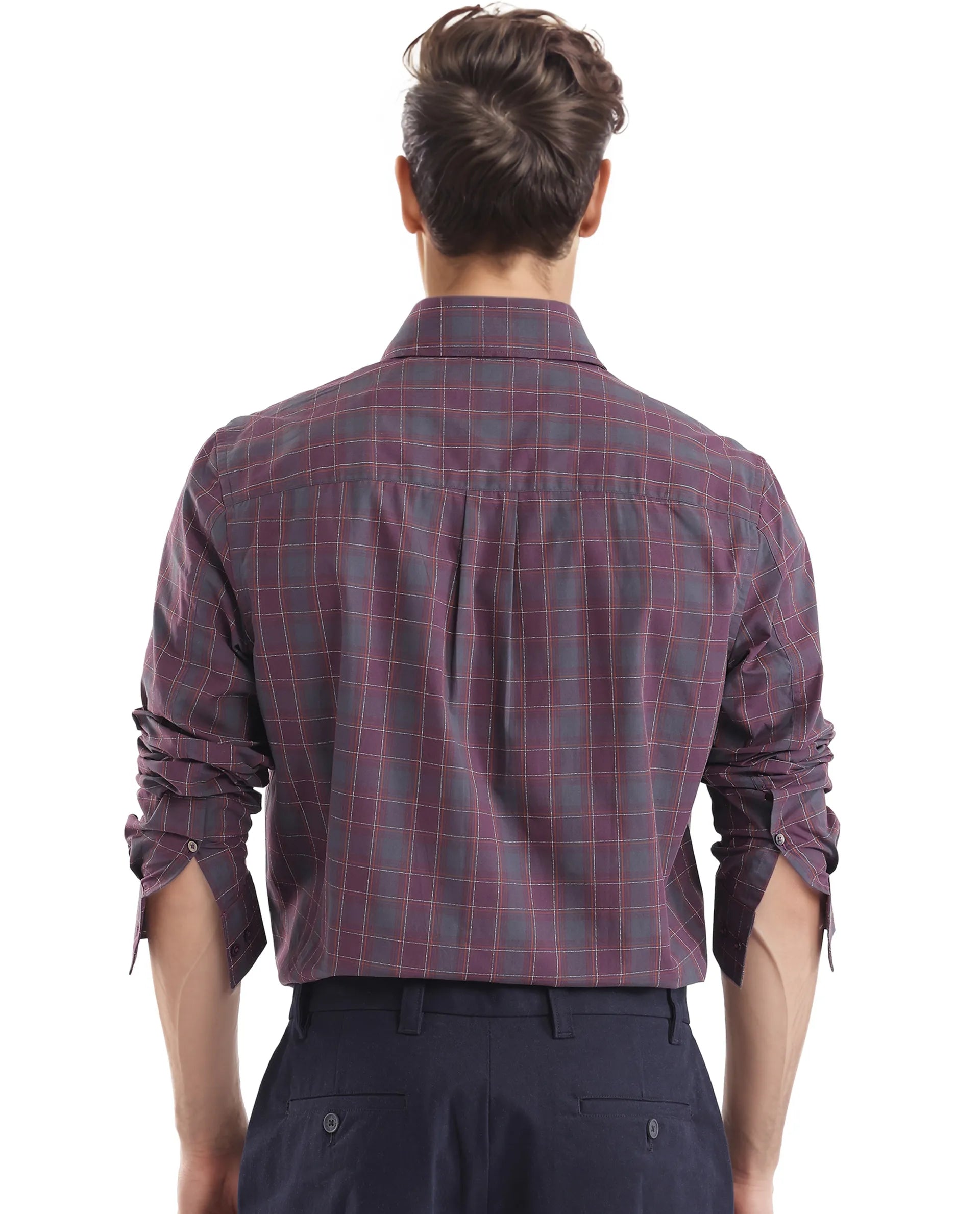 Rare Rabbit Men's Gibis Dark Purple Cotton Fabric Full Sleeve Regular Fit Checks Shirt