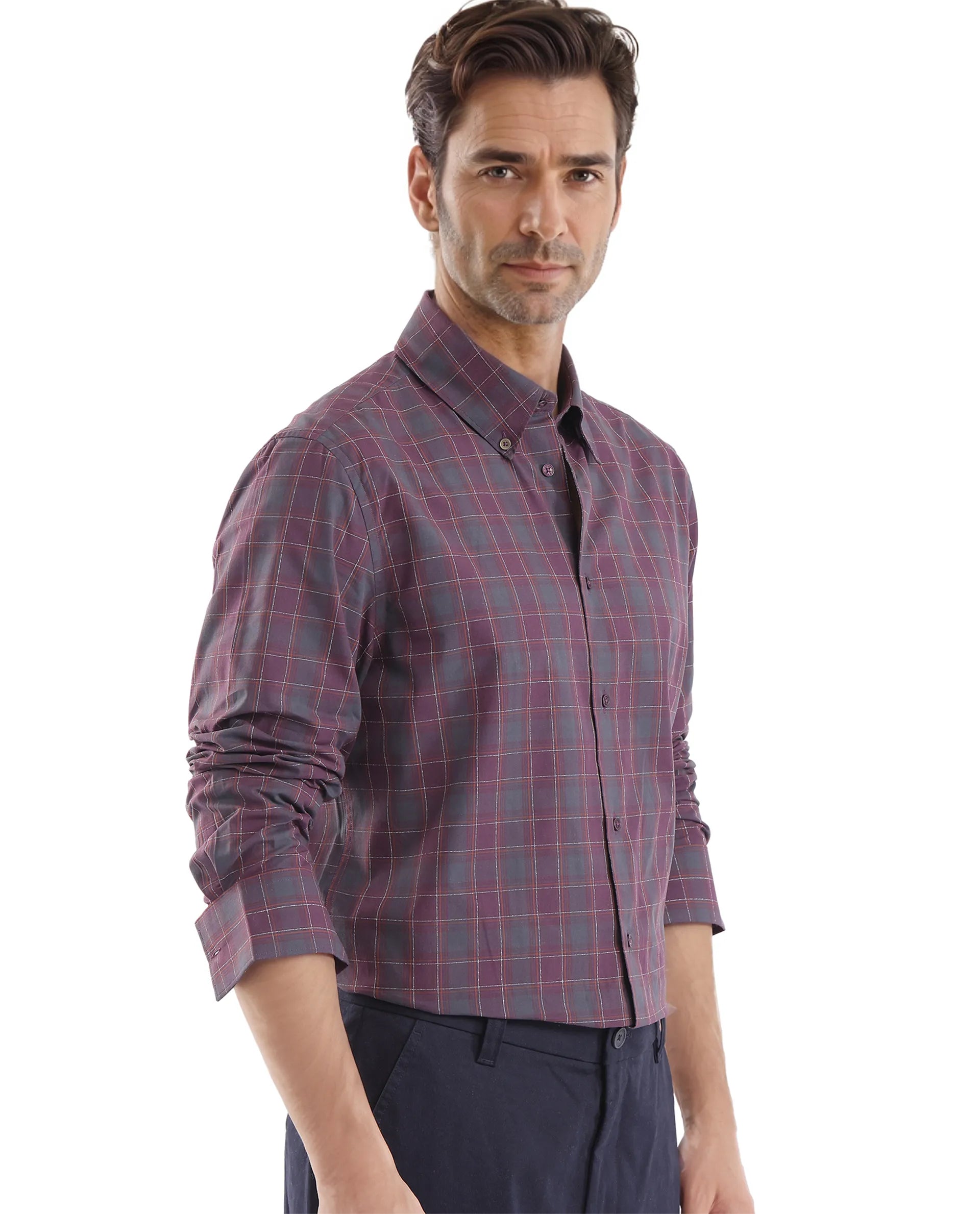 Rare Rabbit Men's Gibis Dark Purple Cotton Fabric Full Sleeve Regular Fit Checks Shirt