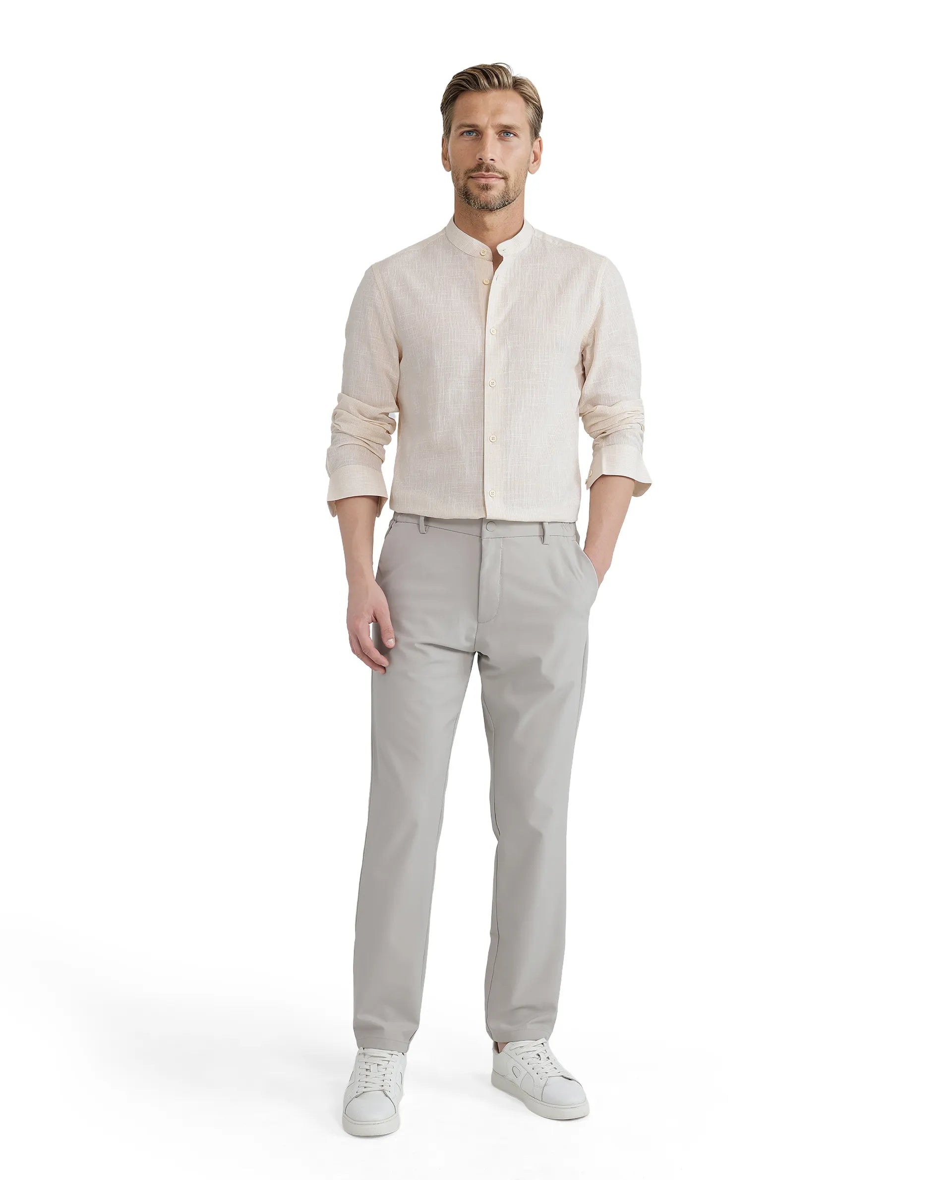 Rare Rabbit Men Gic Light Yellow Linen Full Sleeve Mandarin Collar Button Closure Plain Shirt