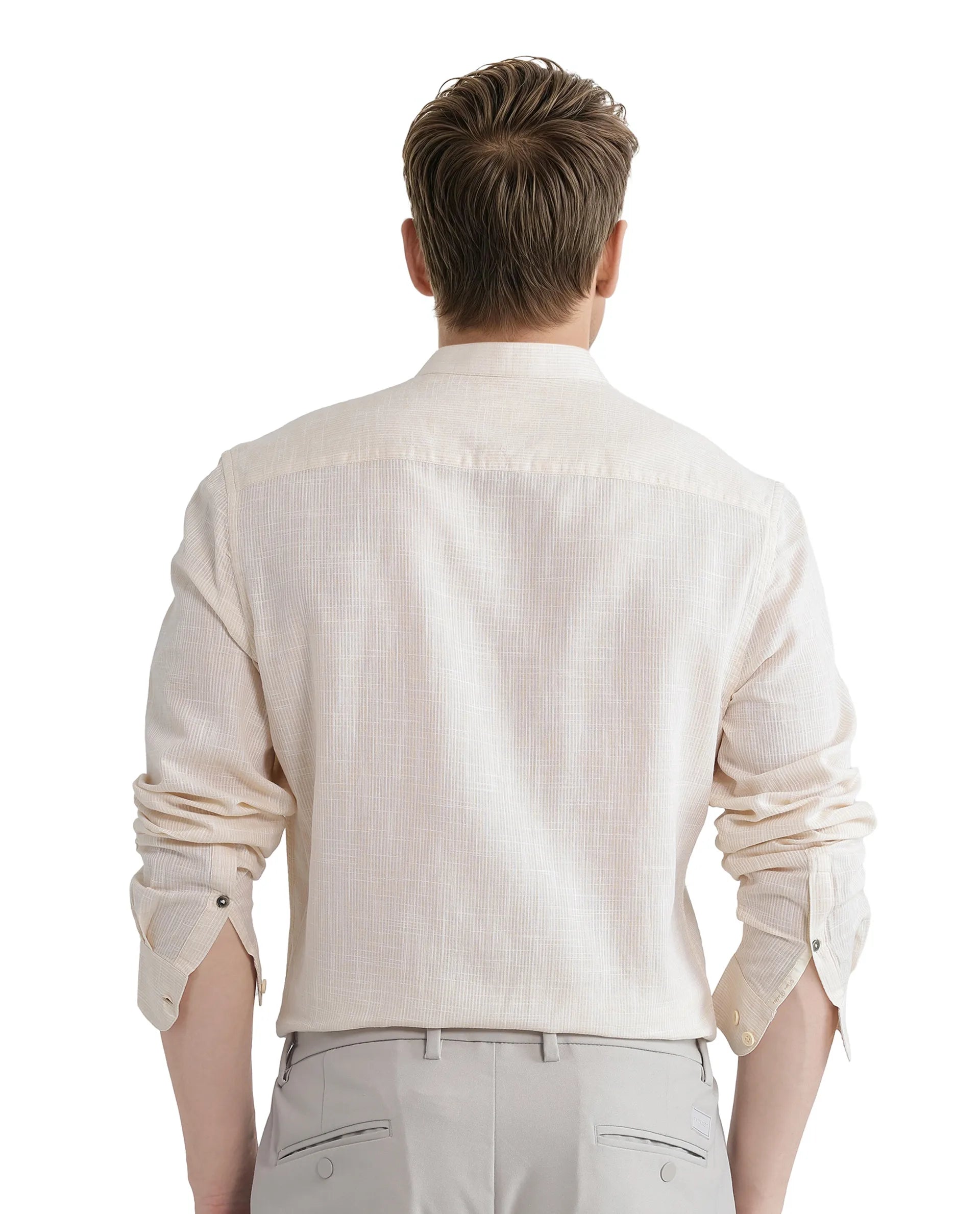 Rare Rabbit Men Gic Light Yellow Linen Full Sleeve Mandarin Collar Button Closure Plain Shirt