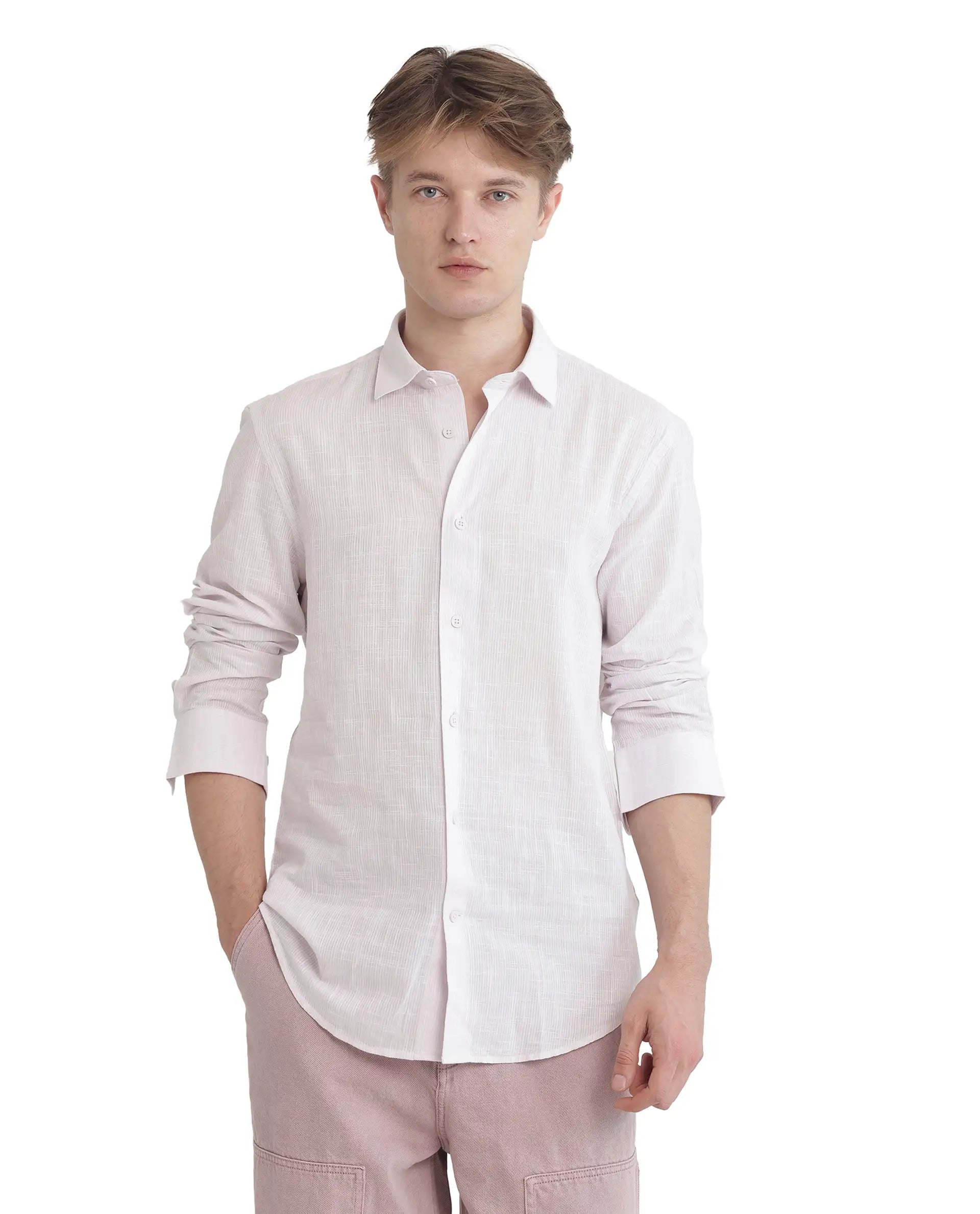 Rare Rabbit Men Gico Pastel Pink Cotton Fabric Full Sleeves Regular Collared Button Closure Solid Shirt