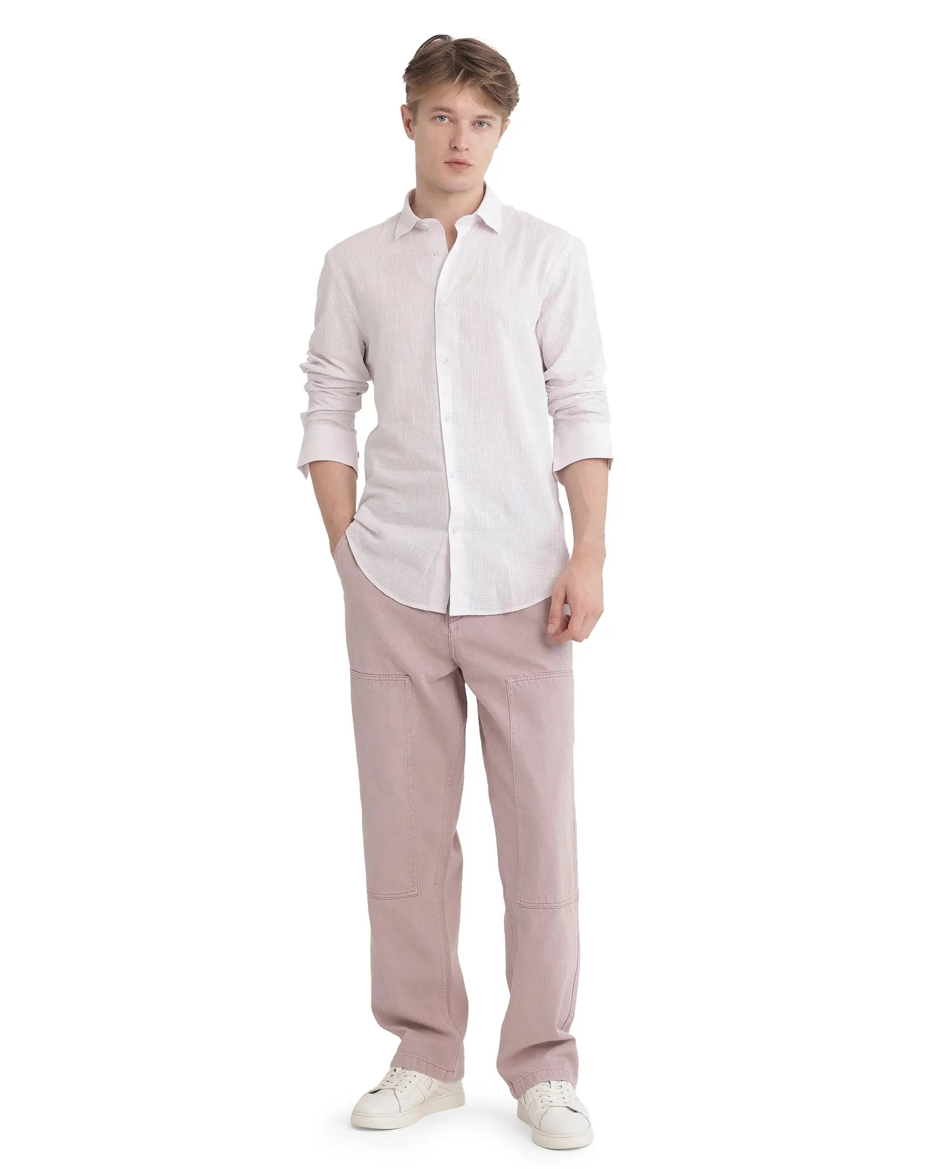 Rare Rabbit Men Gico Pastel Pink Cotton Fabric Full Sleeves Regular Collared Button Closure Solid Shirt