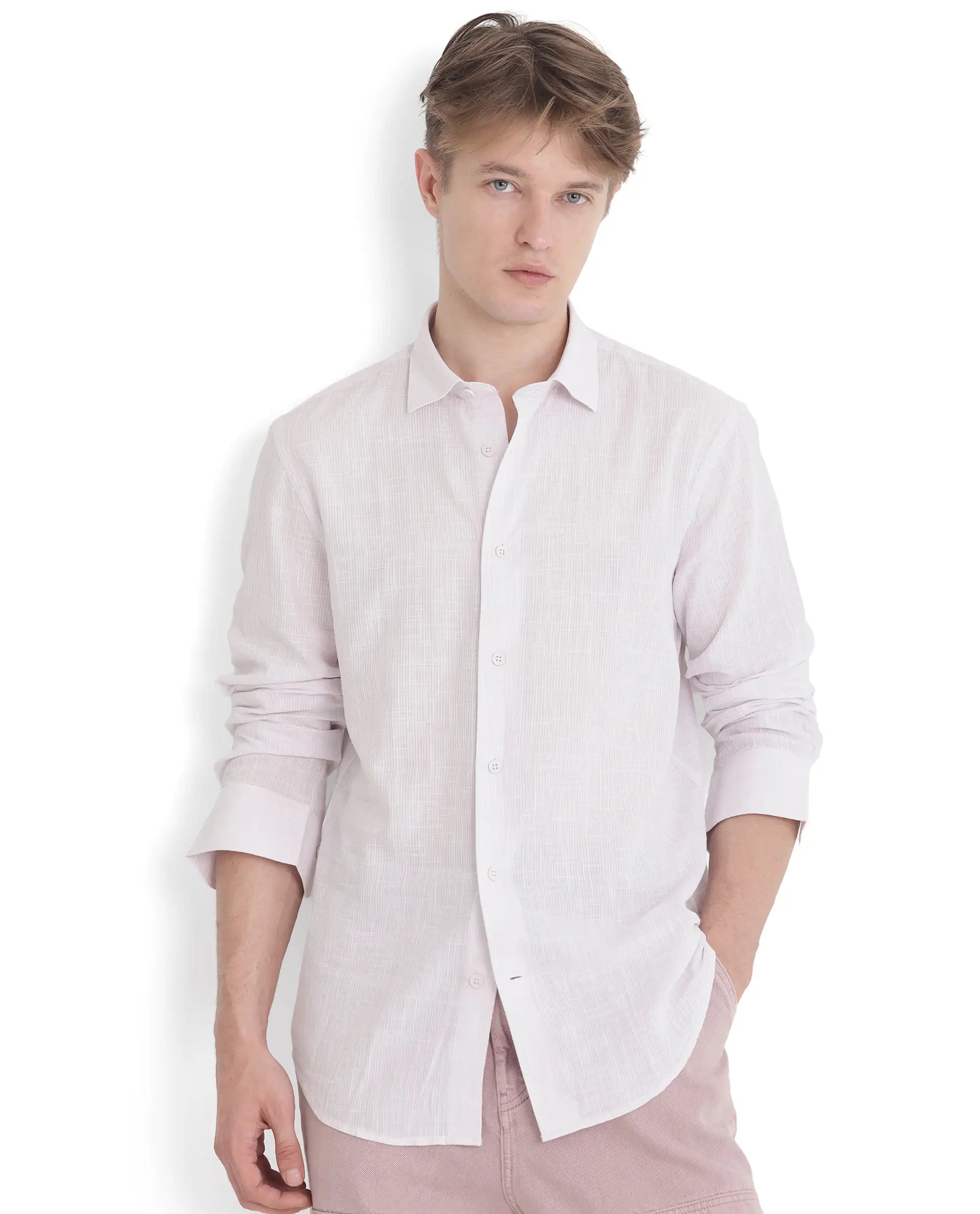 Rare Rabbit Men Gico Pastel Pink Cotton Fabric Full Sleeves Regular Collared Button Closure Solid Shirt