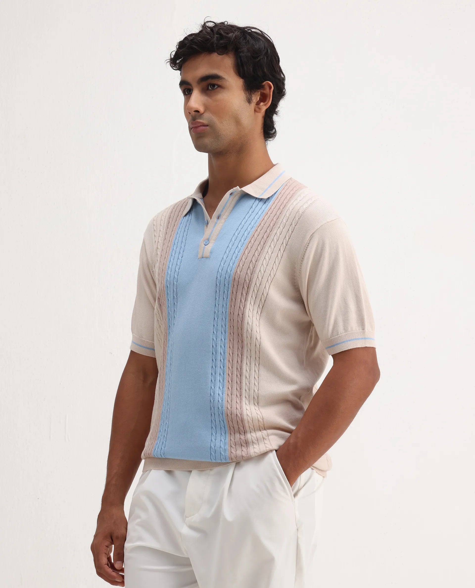 Rare Rabbit Men's Giff Light Beige Cotton Textured Regular Fit Half Sleeve Polo