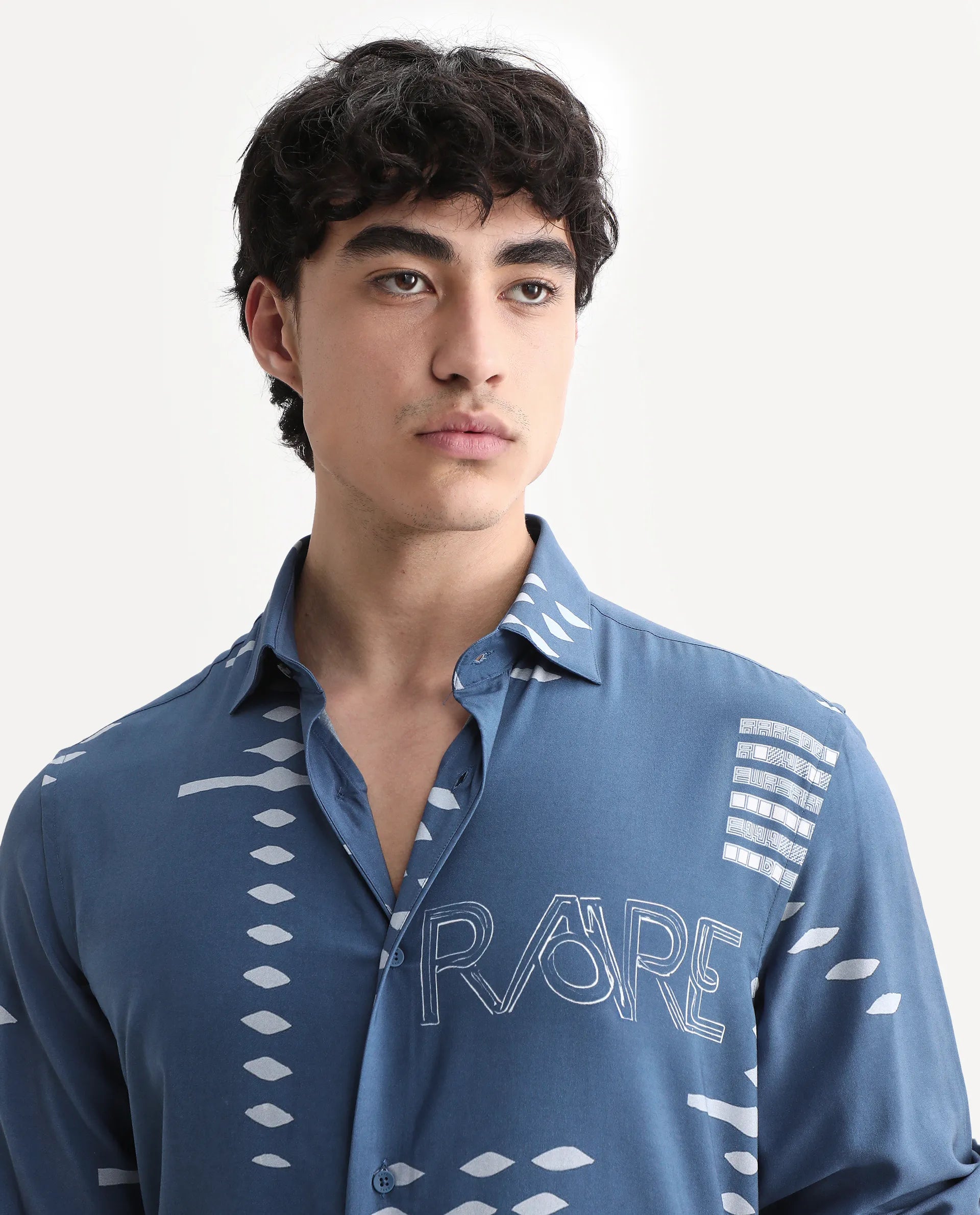 Rare Rabbit Men's Gigano-Ls Dusky Blue Tencel Blend Digital Print Regular Fit Full Sleeve Collared Shirt