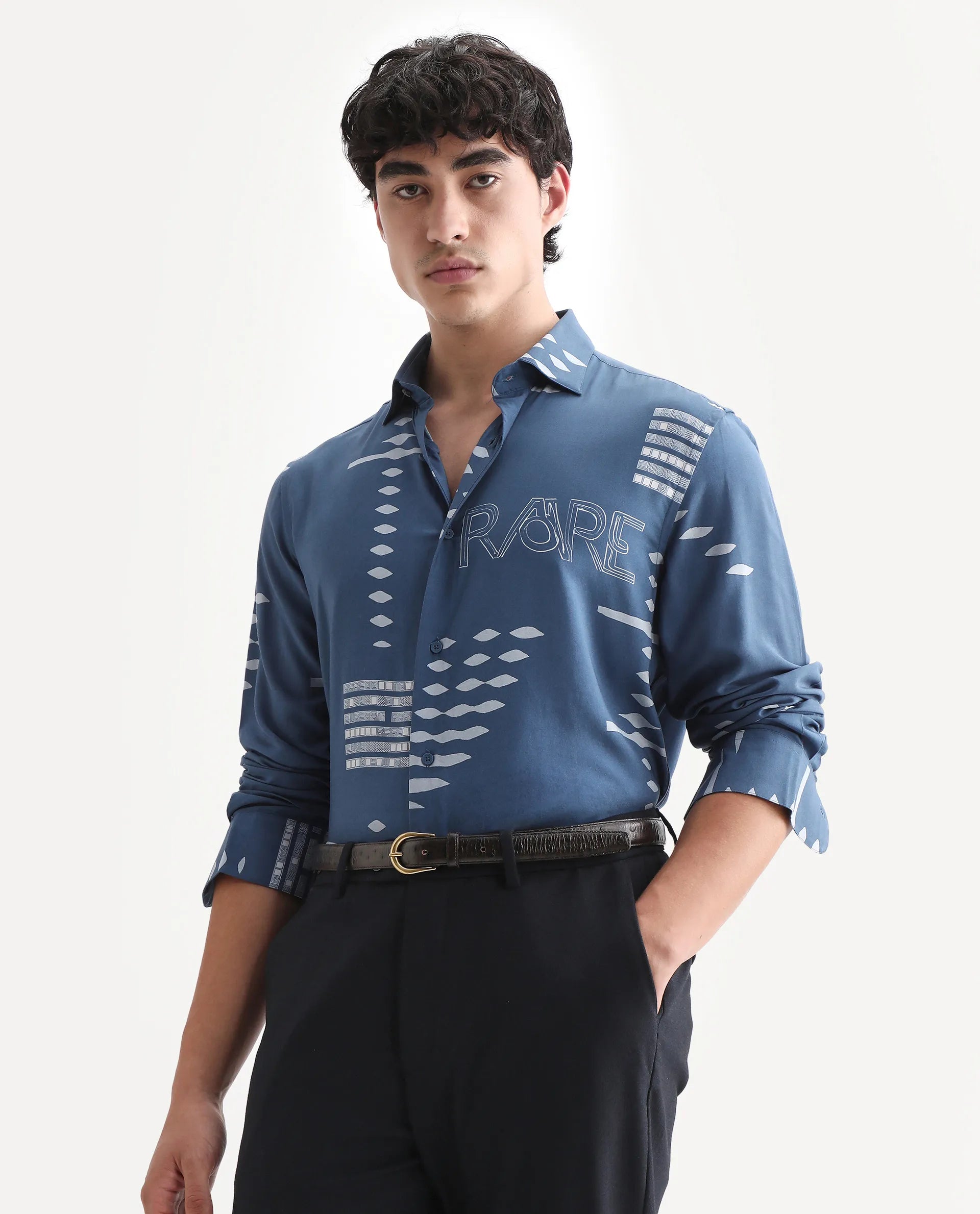 Rare Rabbit Men's Gigano-Ls Dusky Blue Tencel Blend Digital Print Regular Fit Full Sleeve Collared Shirt