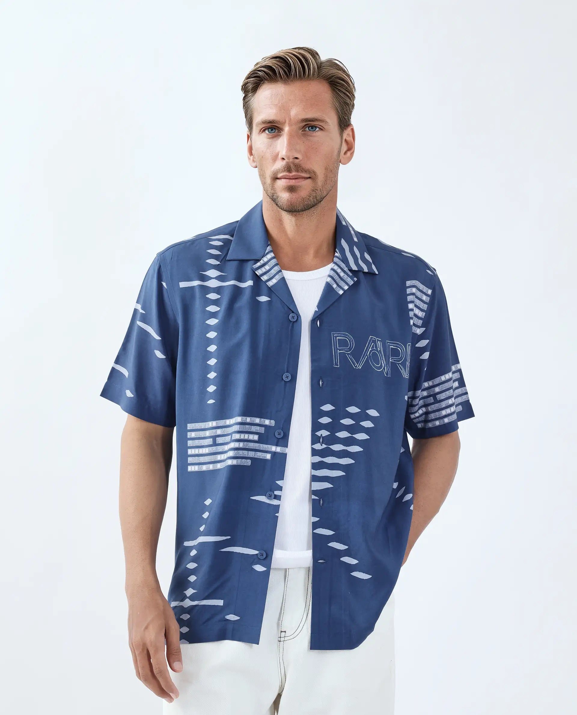 Rare Rabbit Men's Gigano-Ss Dusky Blue Tencel Blend Digital Print Regular Fit Half Sleeve Collared Shirt