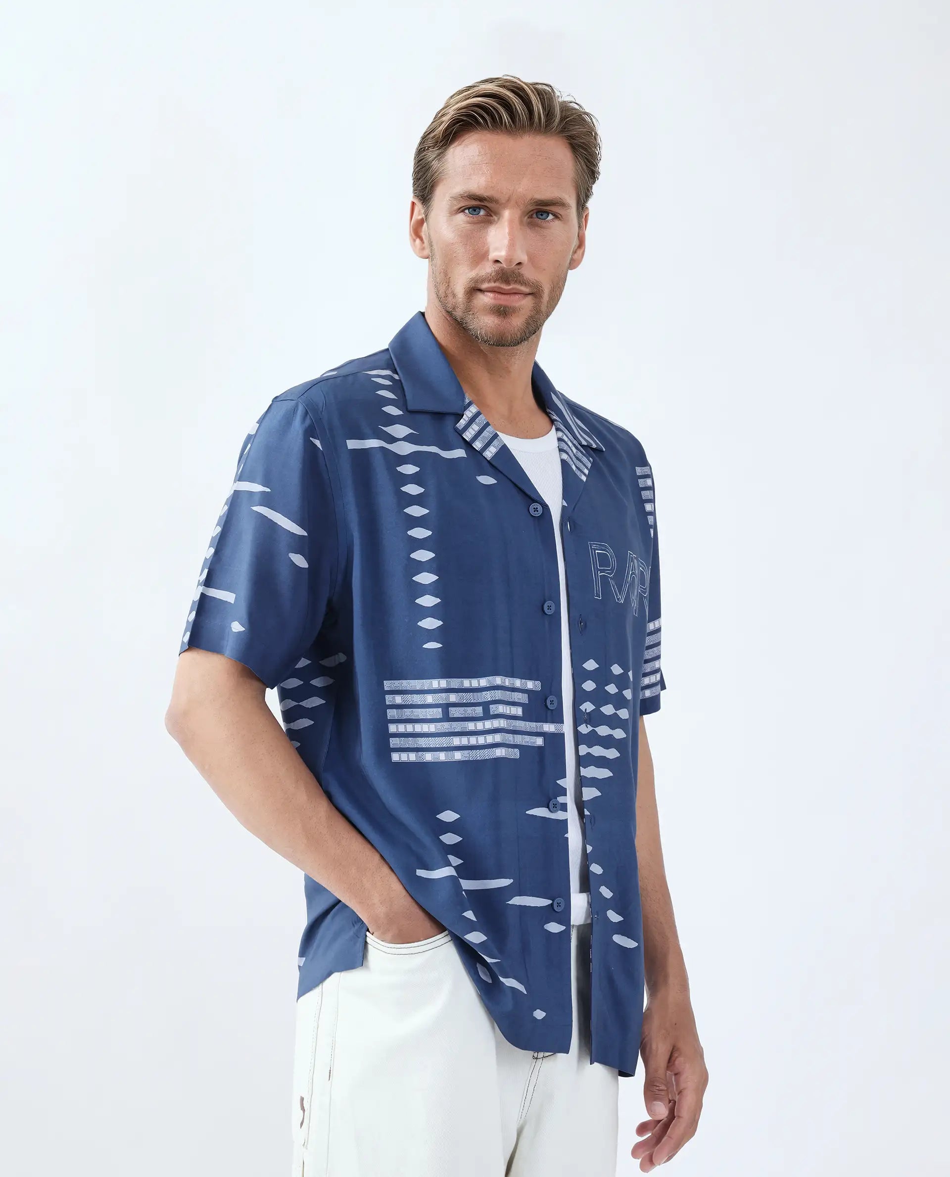 Rare Rabbit Men's Gigano-Ss Dusky Blue Tencel Blend Digital Print Regular Fit Half Sleeve Collared Shirt