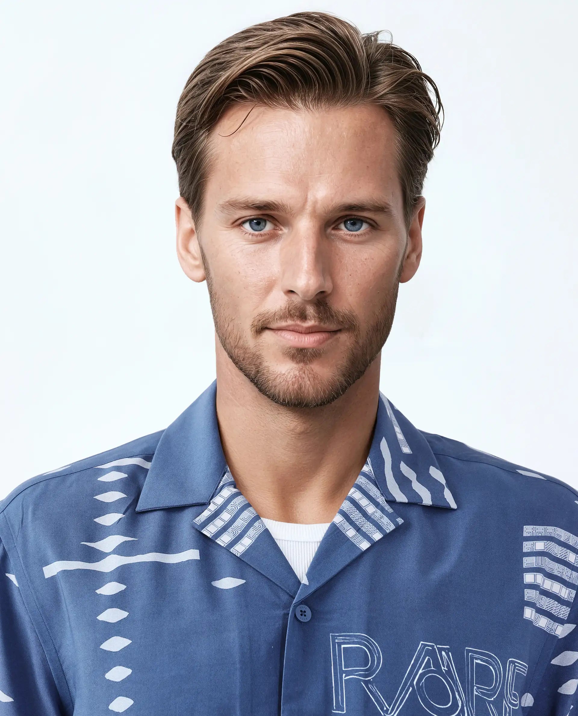 Rare Rabbit Men's Gigano-Ss Dusky Blue Tencel Blend Digital Print Regular Fit Half Sleeve Collared Shirt