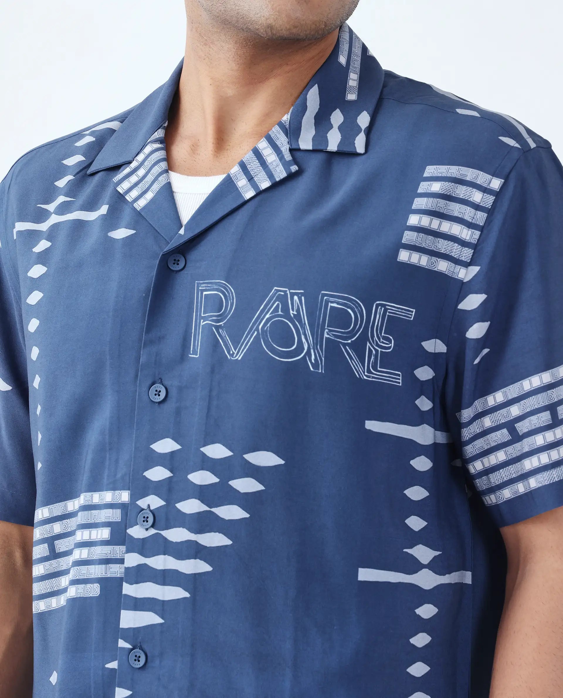 Rare Rabbit Men's Gigano-Ss Dusky Blue Tencel Blend Digital Print Regular Fit Half Sleeve Collared Shirt