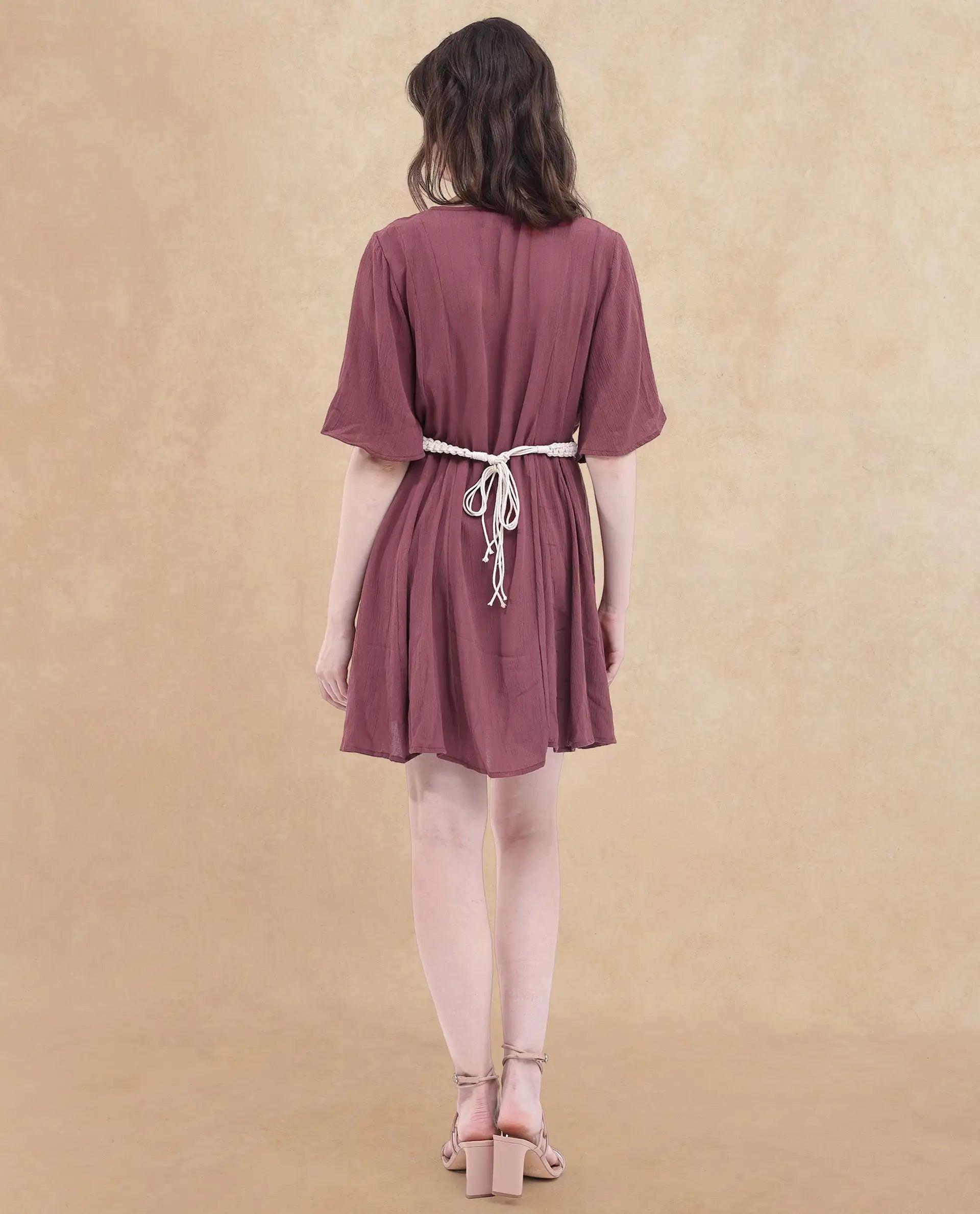 Rareism Women's Gildmore Maroon Rayon Fabric V-Neck Button Closure Flared Sleeve Plain Flared Mini Dress