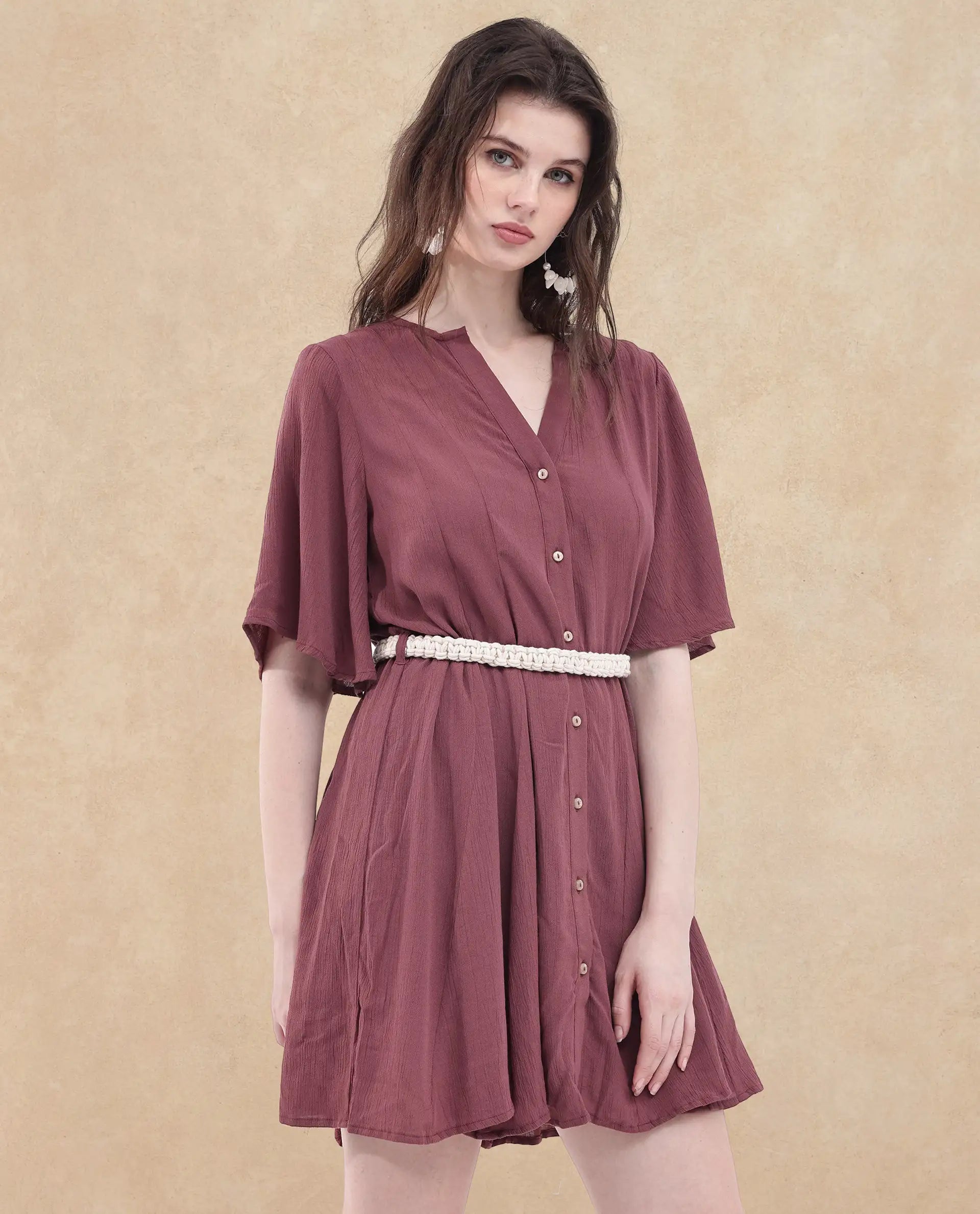 Rareism Women's Gildmore Maroon Rayon Fabric V-Neck Button Closure Flared Sleeve Plain Flared Mini Dress