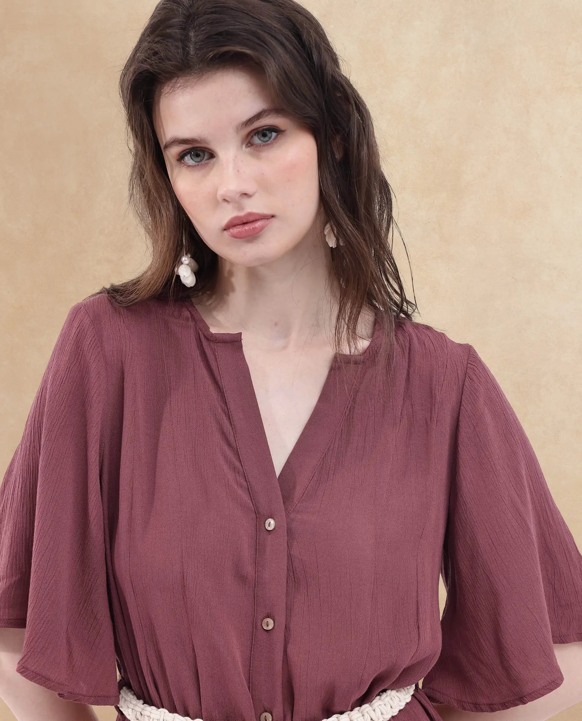 Rareism Women's Gildmore Maroon Rayon Fabric V-Neck Button Closure Flared Sleeve Plain Flared Mini Dress