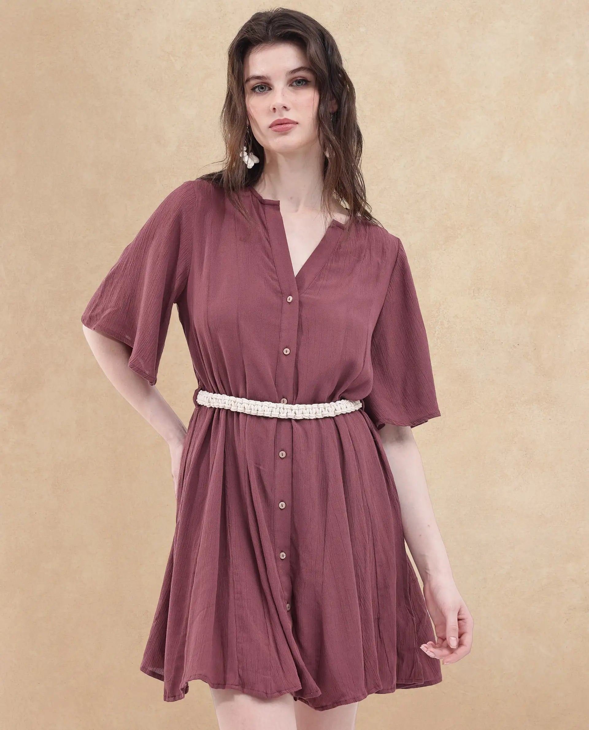 Rareism Women's Gildmore Maroon Rayon Fabric V-Neck Button Closure Flared Sleeve Plain Flared Mini Dress