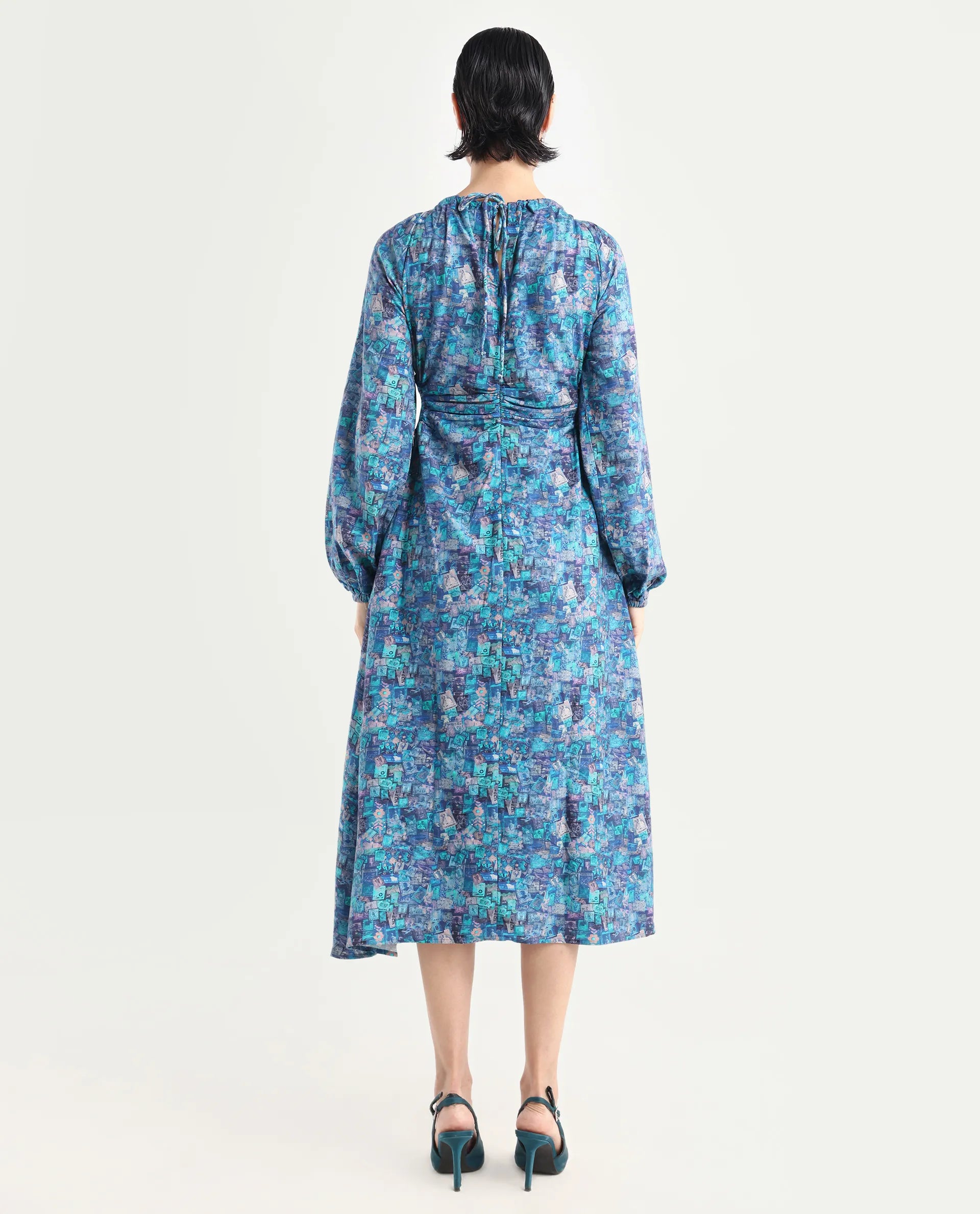 Rareism Women's Gilf Blue Rayon Blend Crew Neck Object Print Puff Sleeves Maxi A-Line Dress