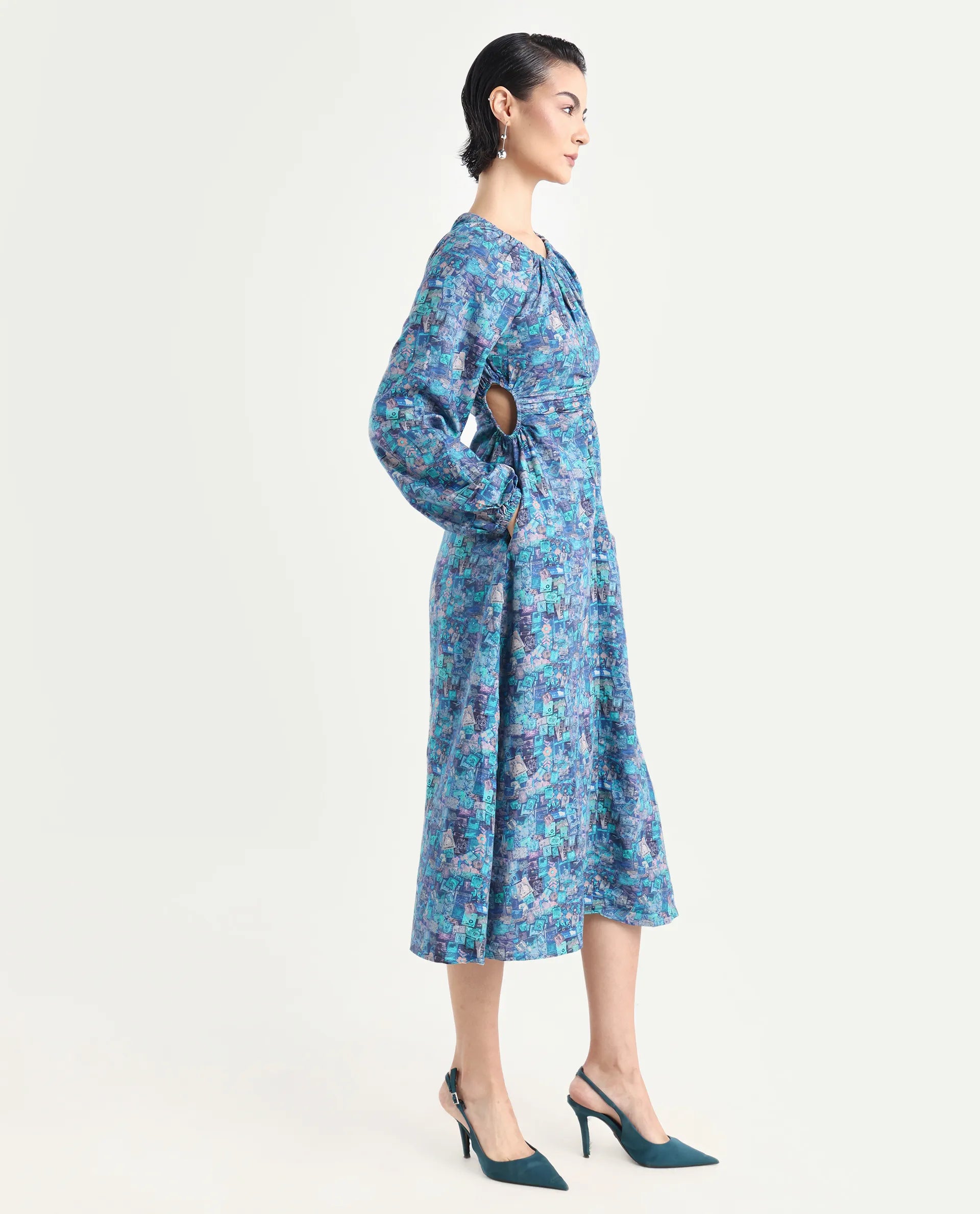 Rareism Women's Gilf Blue Rayon Blend Crew Neck Object Print Puff Sleeves Maxi A-Line Dress