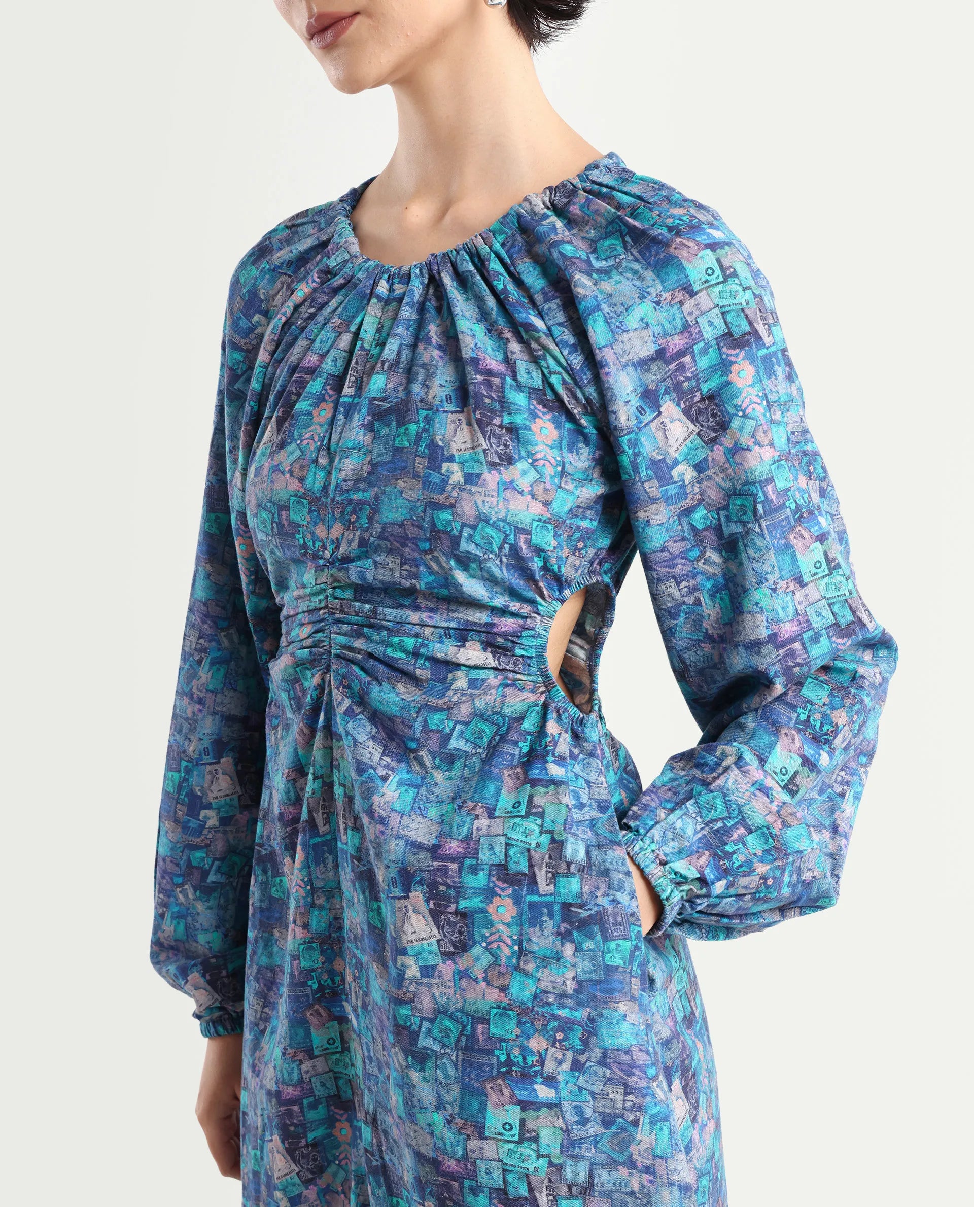 Rareism Women's Gilf Blue Rayon Blend Crew Neck Object Print Puff Sleeves Maxi A-Line Dress