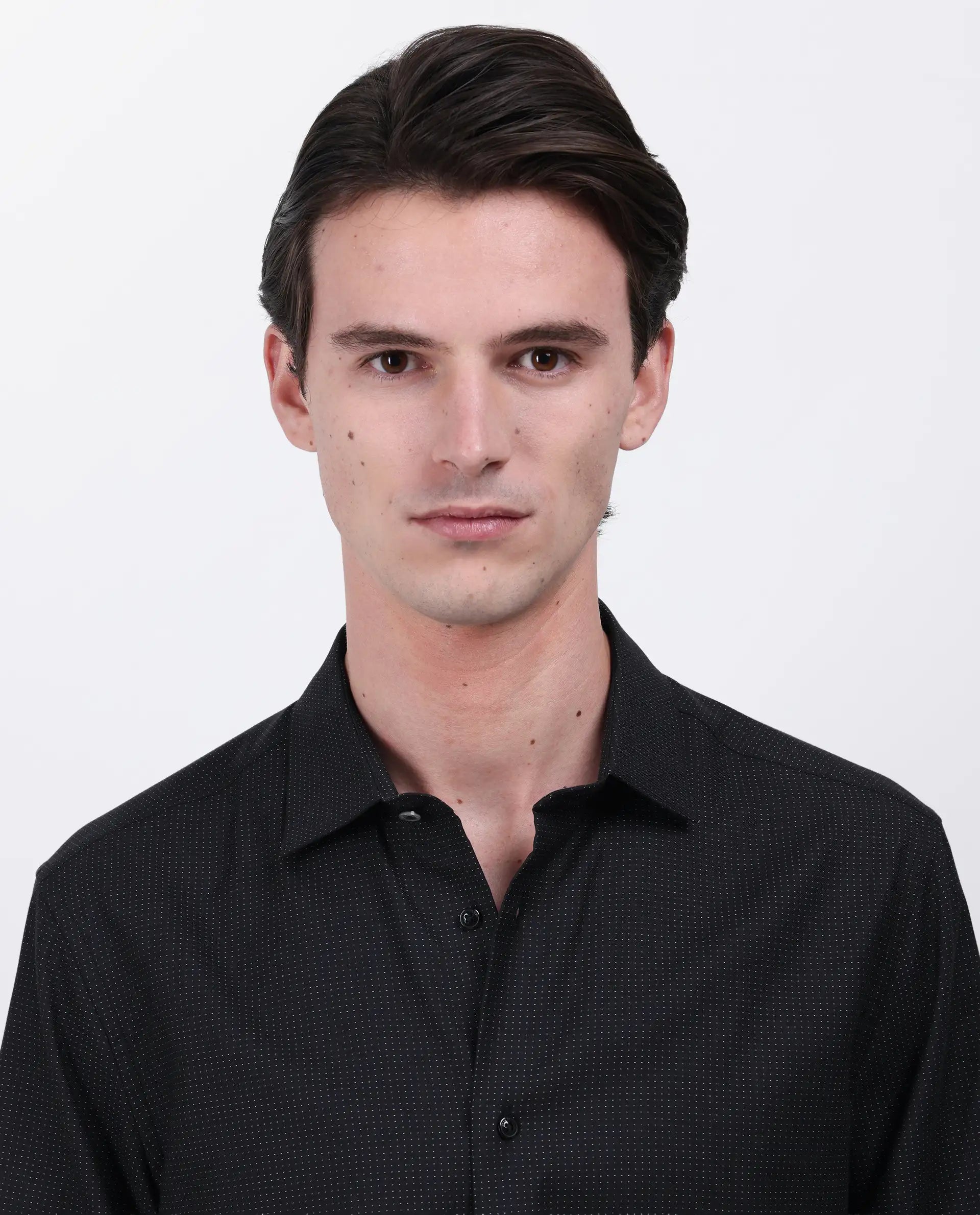 Rare Rabbit Men's Gilk Black Viscose Blend Polka Print Regular Fit Full Sleeve Collared Shirt