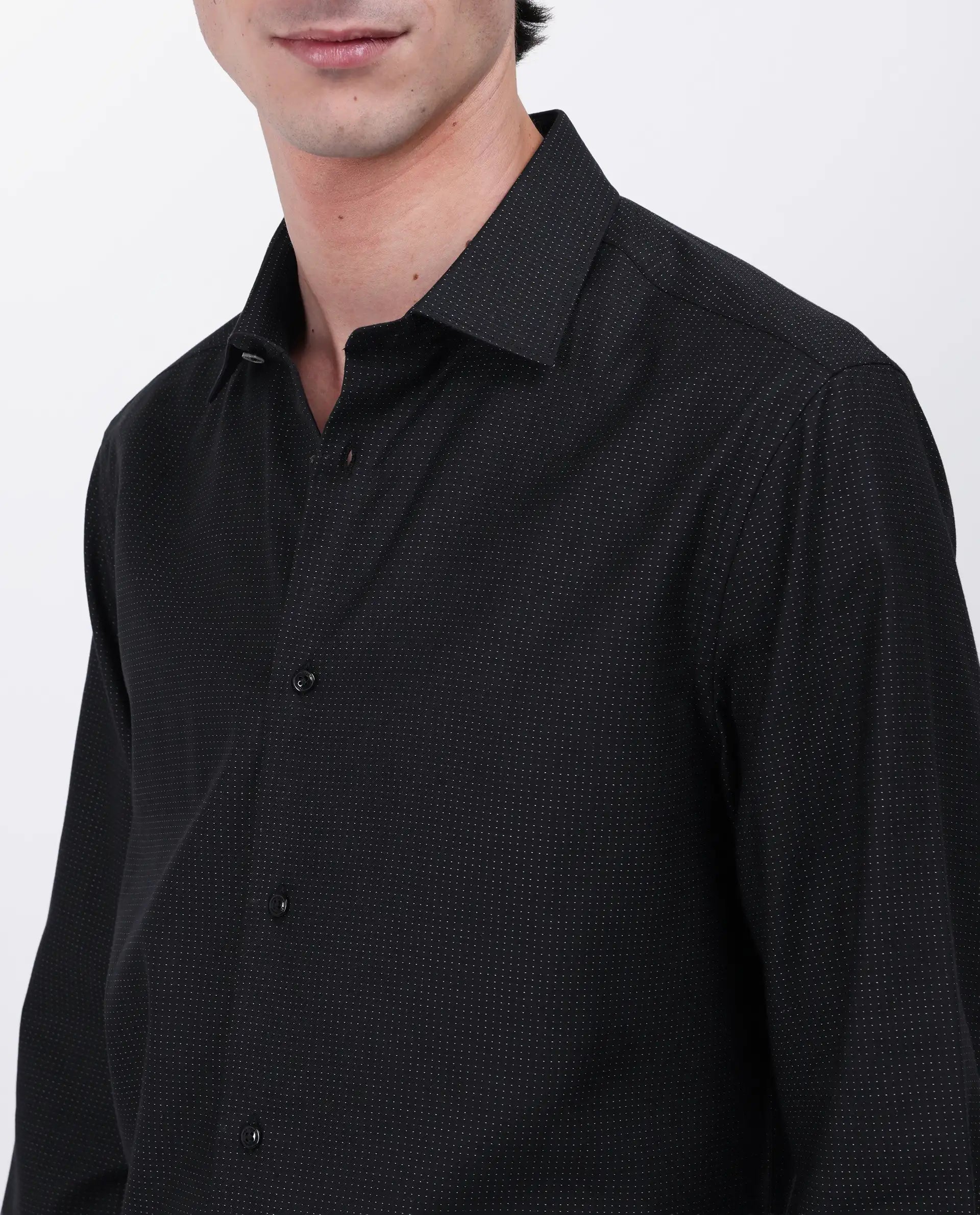 Rare Rabbit Men's Gilk Black Viscose Blend Polka Print Regular Fit Full Sleeve Collared Shirt