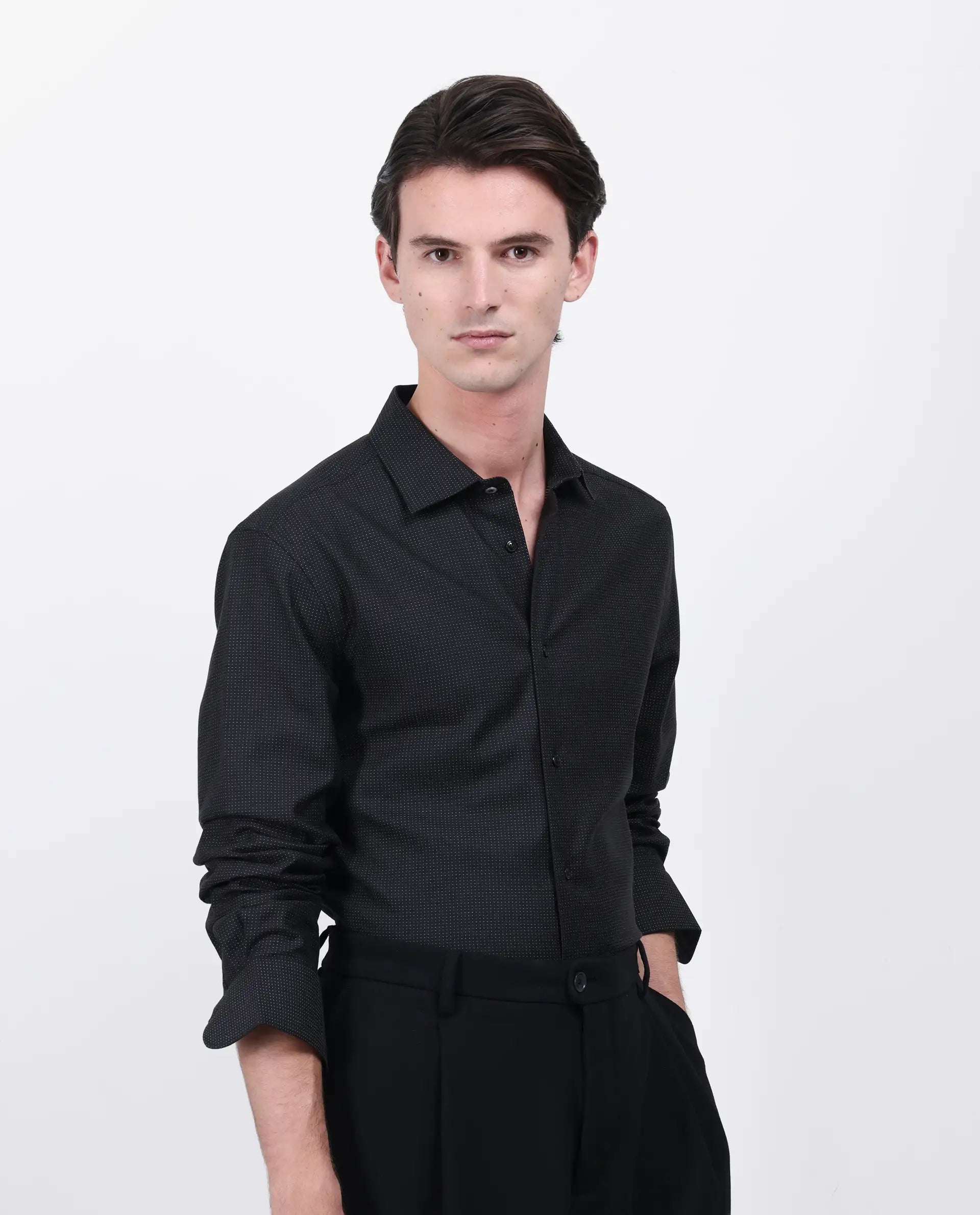 Rare Rabbit Men's Gilk Black Viscose Blend Polka Print Regular Fit Full Sleeve Collared Shirt